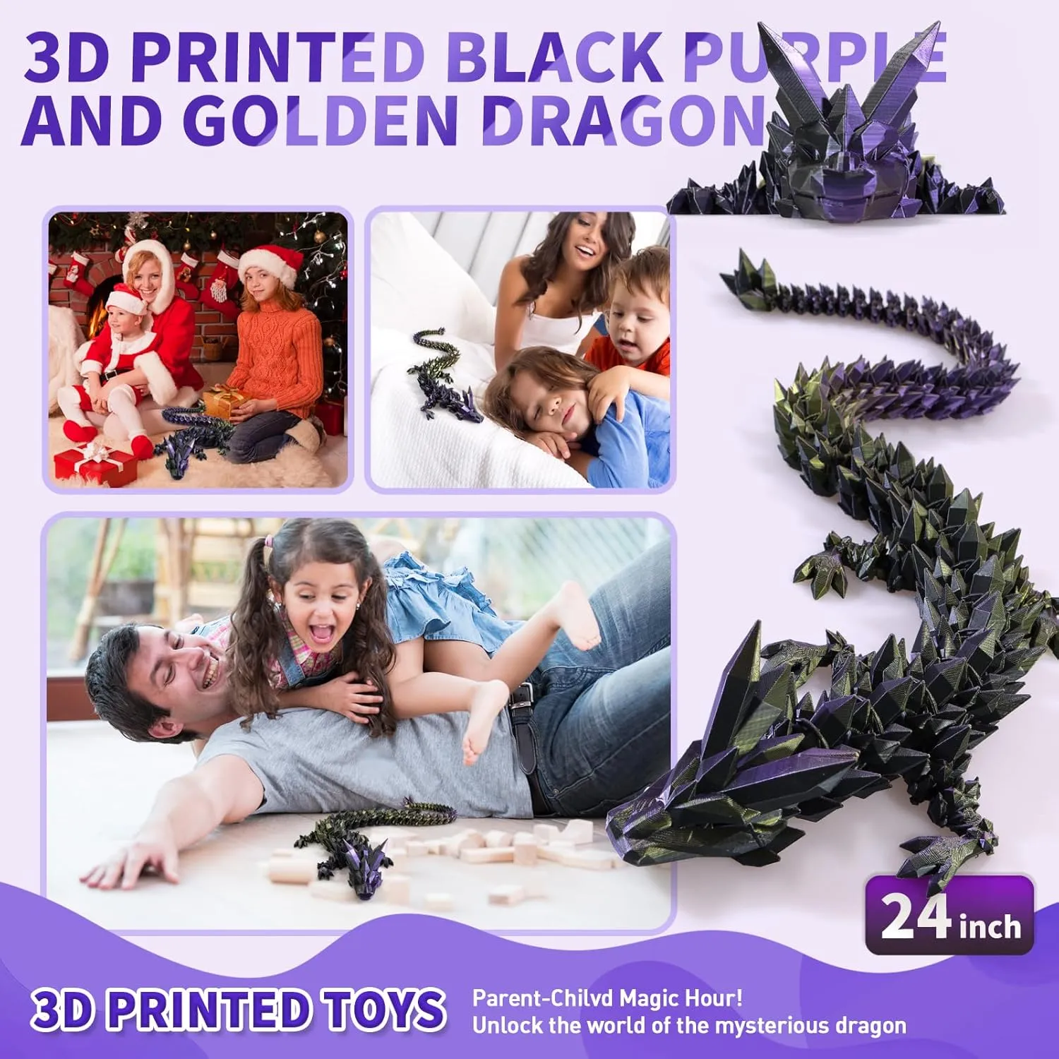 3D Printed Dragon, 3D Dragon,24 Inch 3D Printed Fidget Dragon, Bigger Fidget Crystal Dragon Toys, 3D Printed Articulated Dragon for Home Office Car Desk Decor Toys （Black Purple Gold）