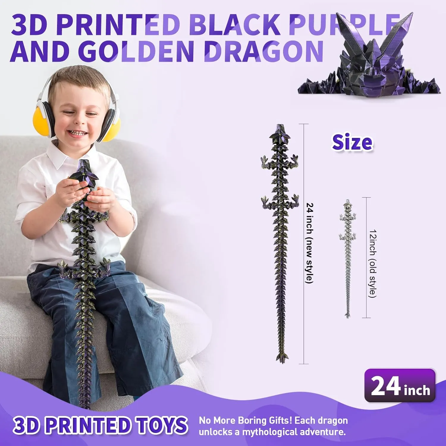 3D Printed Dragon, 3D Dragon,24 Inch 3D Printed Fidget Dragon, Bigger Fidget Crystal Dragon Toys, 3D Printed Articulated Dragon for Home Office Car Desk Decor Toys （Black Purple Gold）