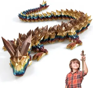 3D Printed Dragon, 3D Dragon,24 Inch 3D Printed Fidget Dragon, Bigger Fidget Crystal Dragon Toys, 3D Printed Articulated Dragon for Home Office Car Desk Decor Toys (Khaki Gold, 24 inch)