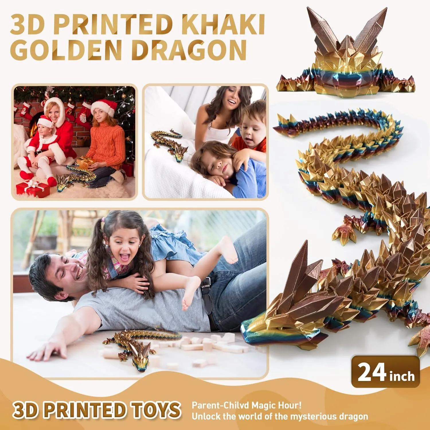 3D Printed Dragon, 3D Dragon,24 Inch 3D Printed Fidget Dragon, Bigger Fidget Crystal Dragon Toys, 3D Printed Articulated Dragon for Home Office Car Desk Decor Toys (Khaki Gold, 24 inch)