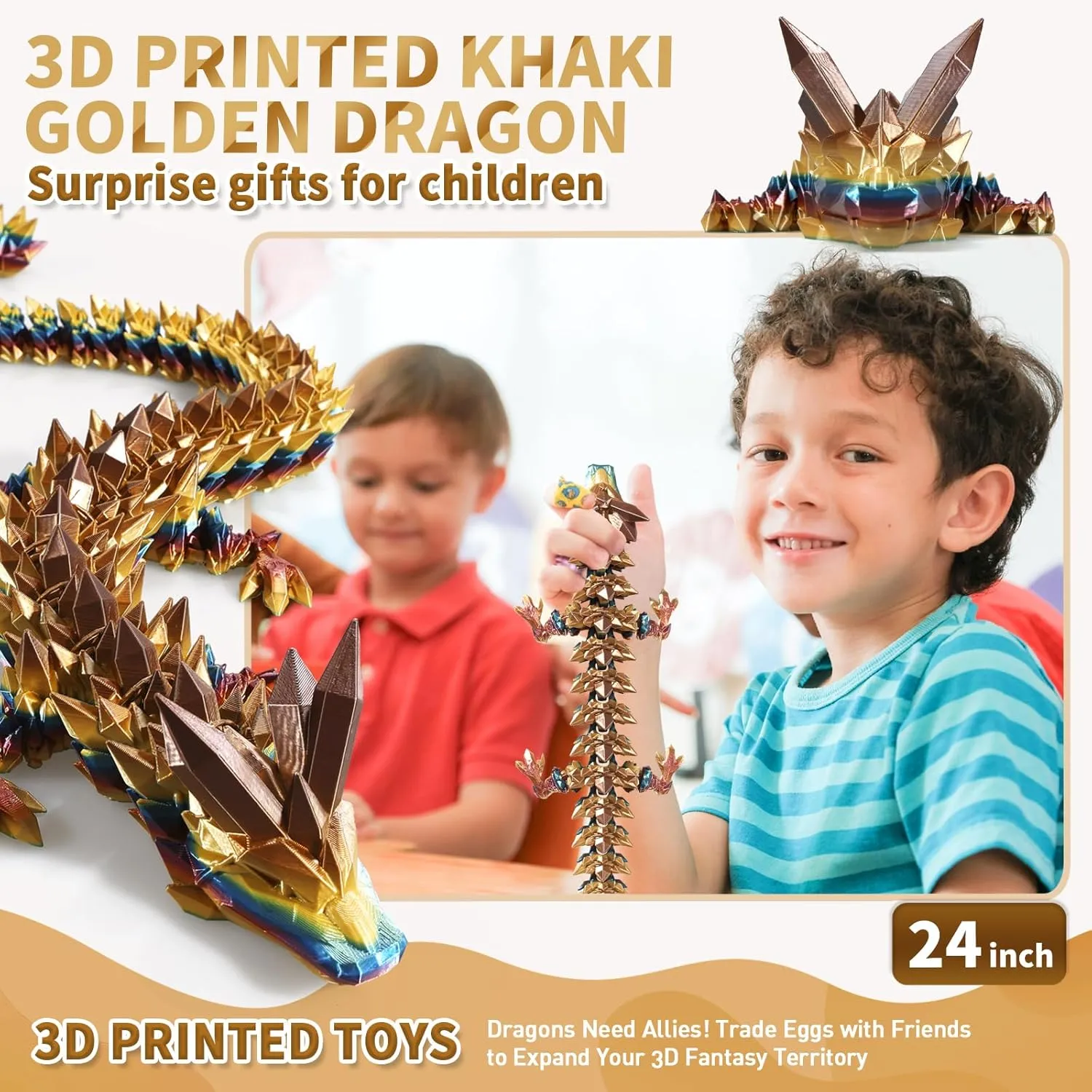3D Printed Dragon, 3D Dragon,24 Inch 3D Printed Fidget Dragon, Bigger Fidget Crystal Dragon Toys, 3D Printed Articulated Dragon for Home Office Car Desk Decor Toys (Khaki Gold, 24 inch)