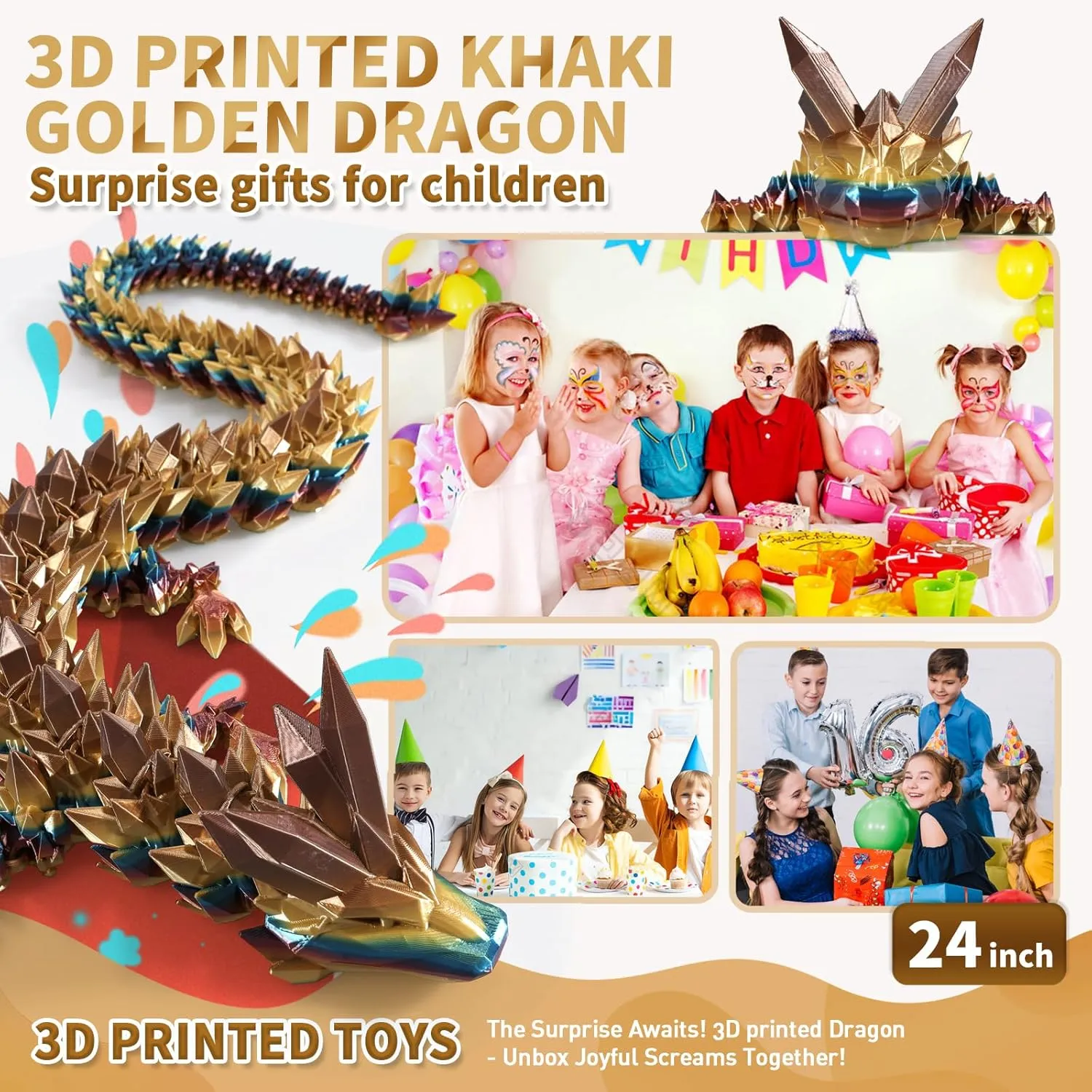 3D Printed Dragon, 3D Dragon,24 Inch 3D Printed Fidget Dragon, Bigger Fidget Crystal Dragon Toys, 3D Printed Articulated Dragon for Home Office Car Desk Decor Toys (Khaki Gold, 24 inch)