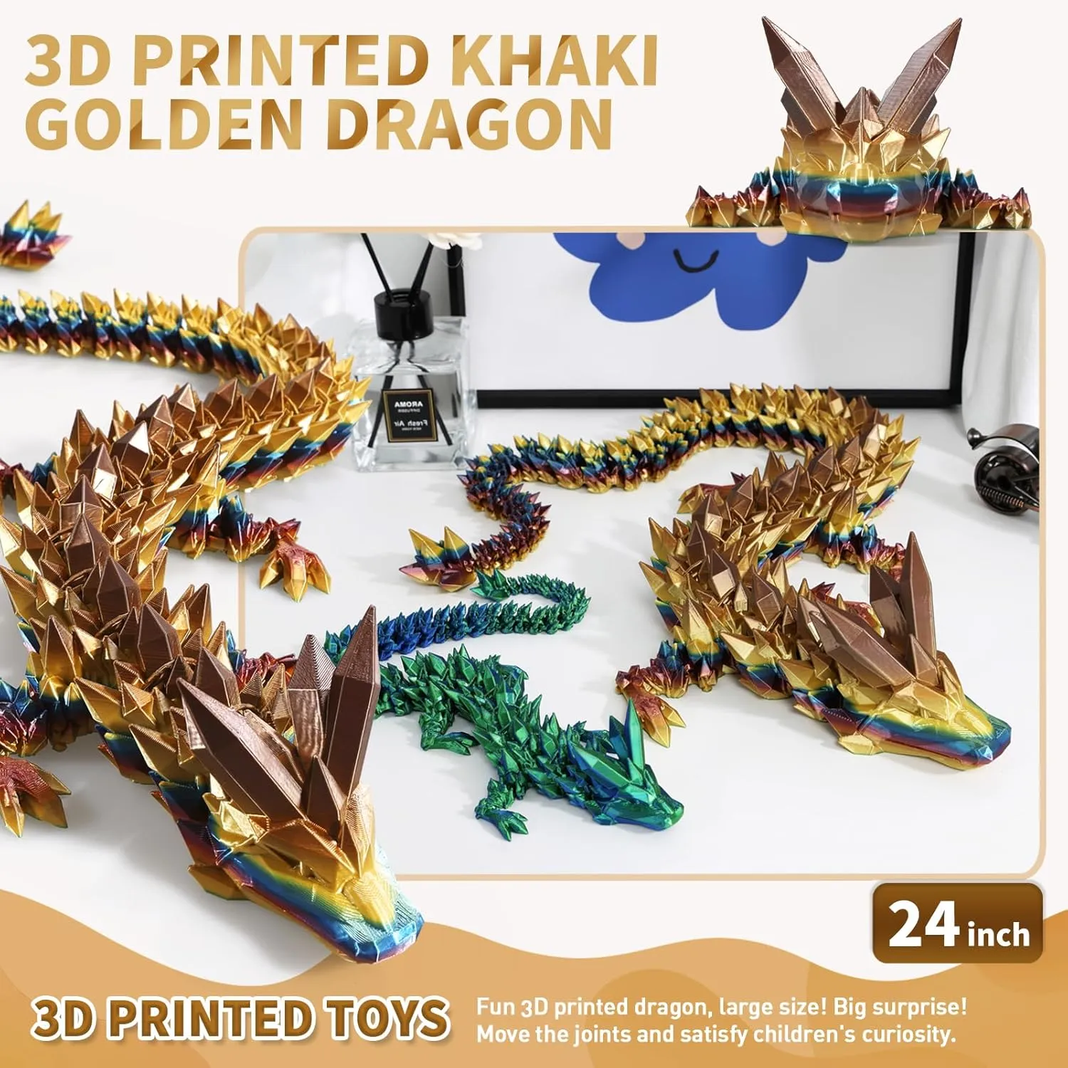 3D Printed Dragon, 3D Dragon,24 Inch 3D Printed Fidget Dragon, Bigger Fidget Crystal Dragon Toys, 3D Printed Articulated Dragon for Home Office Car Desk Decor Toys (Khaki Gold, 24 inch)