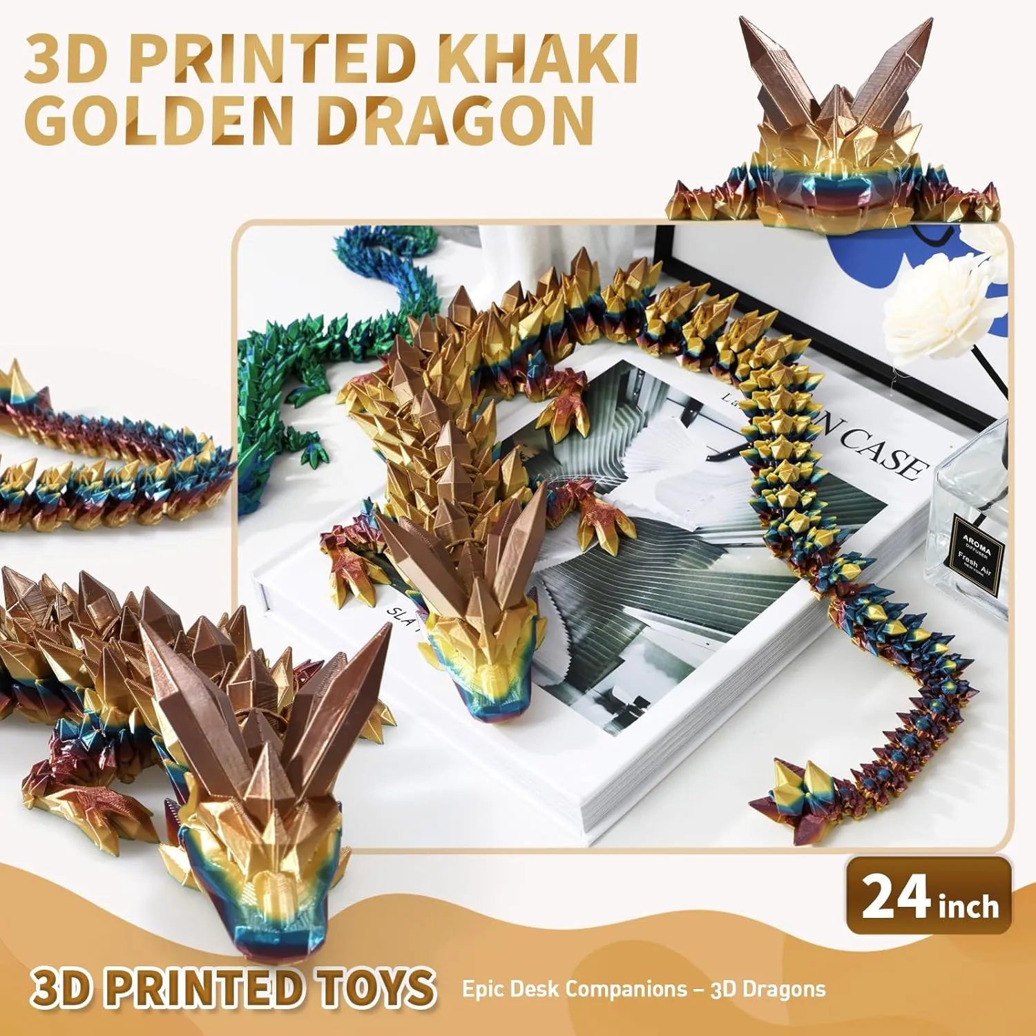 3D Printed Dragon, 3D Dragon,24 Inch 3D Printed Fidget Dragon, Bigger Fidget Crystal Dragon Toys, 3D Printed Articulated Dragon for Home Office Car Desk Decor Toys (Khaki Gold, 24 inch)