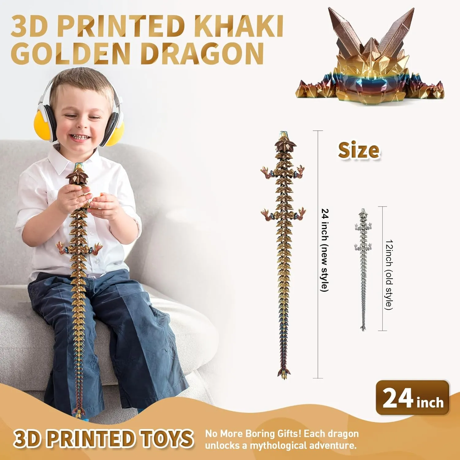 3D Printed Dragon, 3D Dragon,24 Inch 3D Printed Fidget Dragon, Bigger Fidget Crystal Dragon Toys, 3D Printed Articulated Dragon for Home Office Car Desk Decor Toys (Khaki Gold, 24 inch)