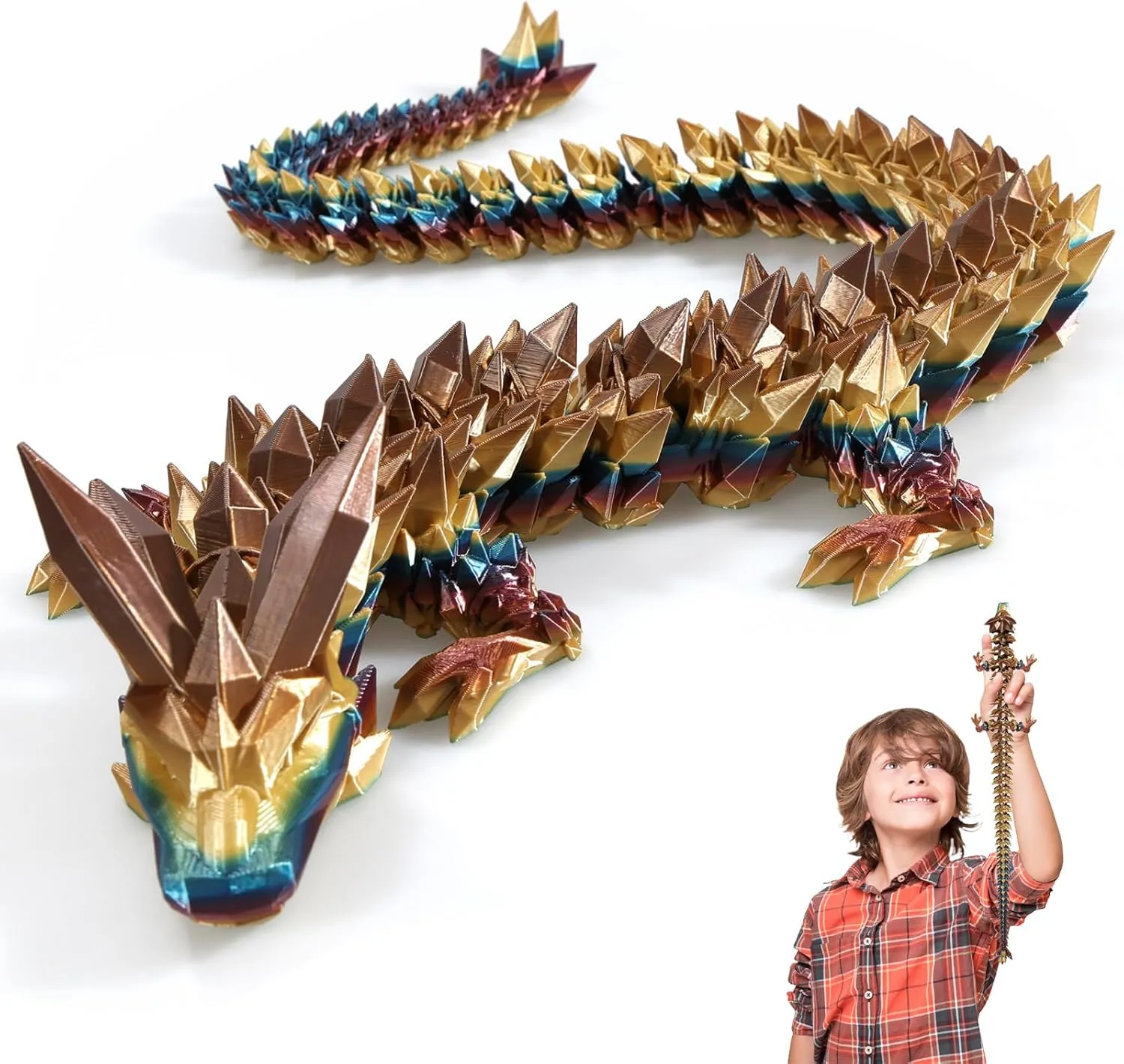 3D Printed Dragon, 3D Dragon,24 Inch 3D Printed Fidget Dragon, Bigger Fidget Crystal Dragon Toys, 3D Printed Articulated Dragon for Home Office Car Desk Decor Toys (Khaki Gold, 24 inch)