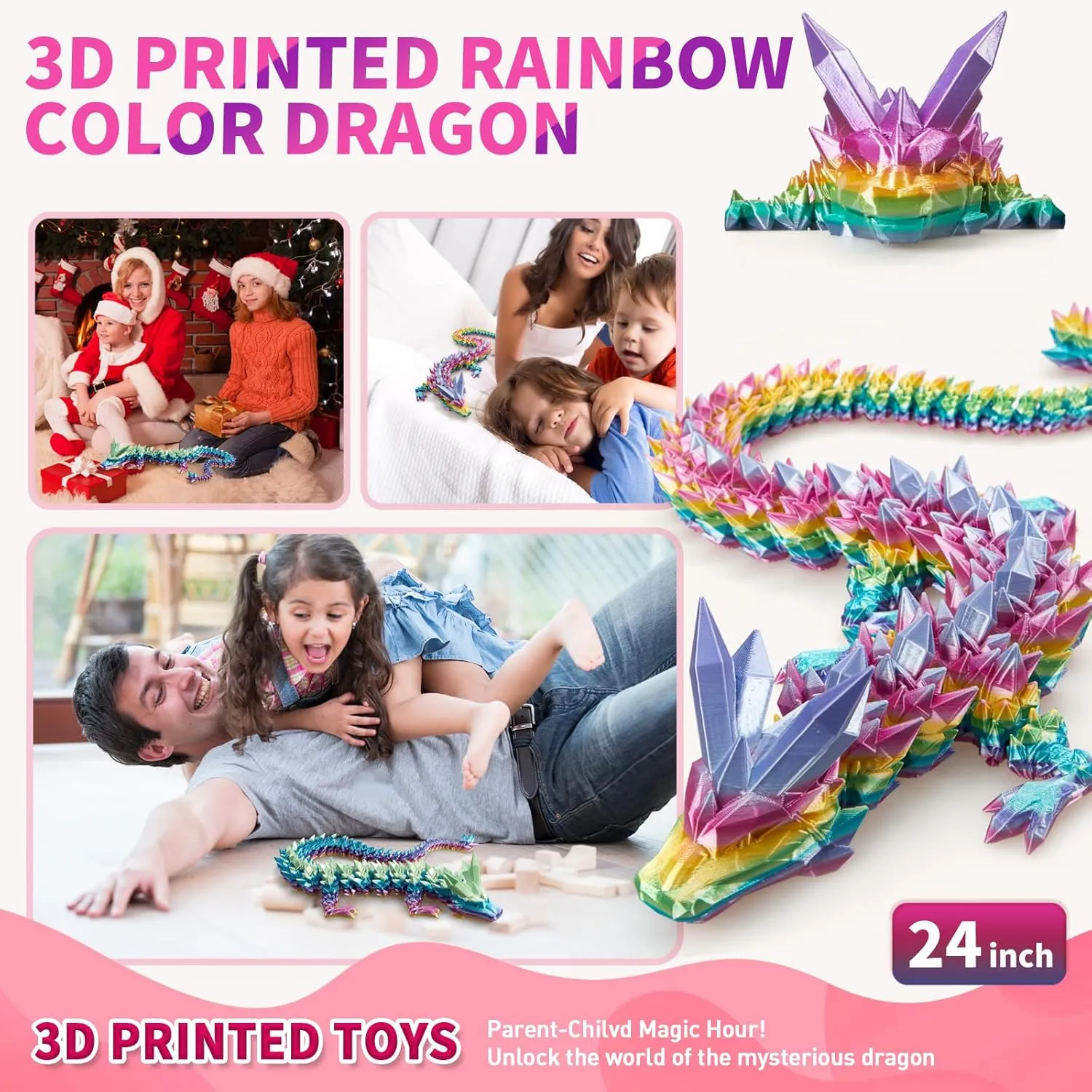 3D Printed Dragon, 3D Dragon,24 Inch 3D Printed Fidget Dragon, Bigger Fidget Crystal Dragon Toys, 3D Printed Articulated Dragon for Home Office Car Desk Decor Toys (Rainbow, 24 in)