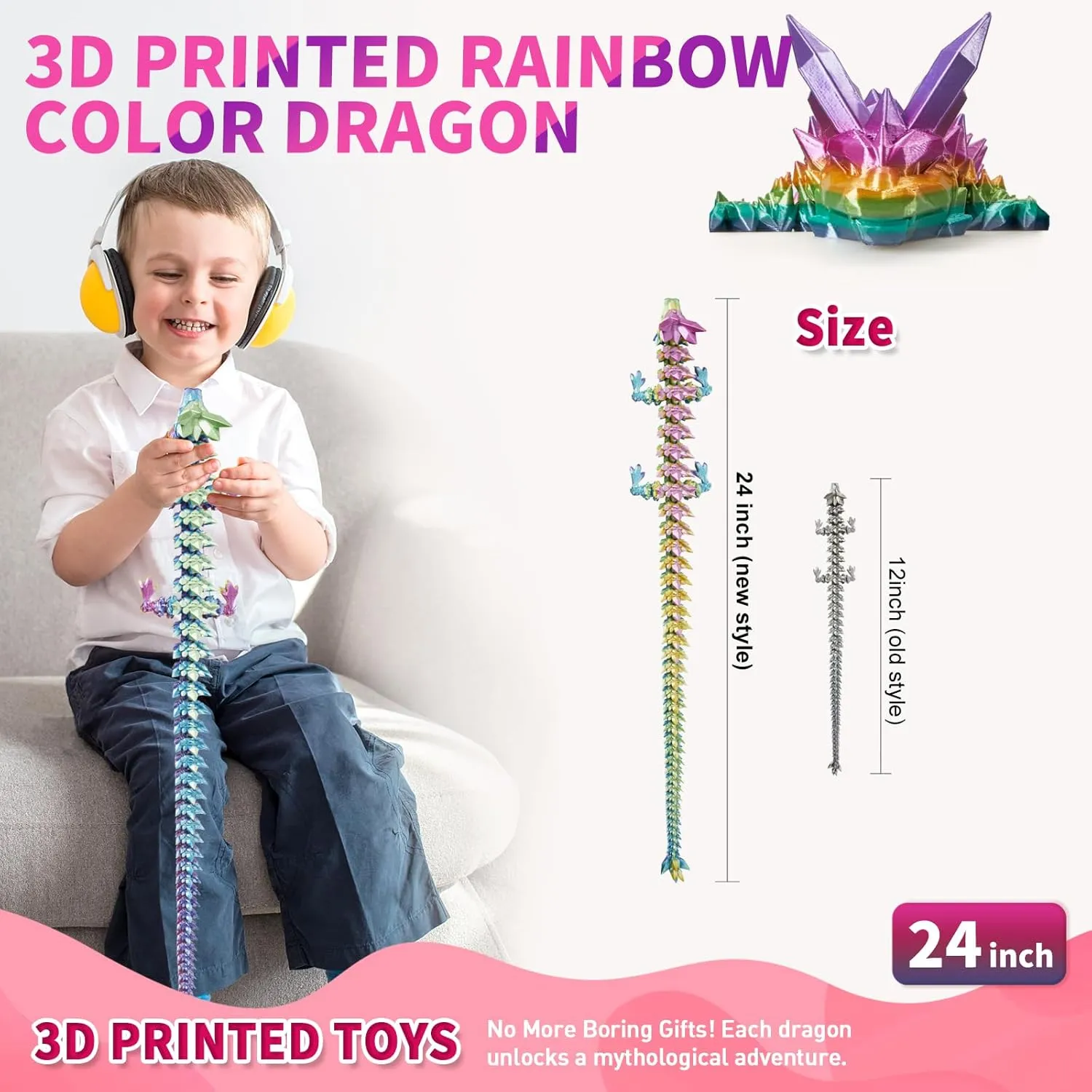 3D Printed Dragon, 3D Dragon,24 Inch 3D Printed Fidget Dragon, Bigger Fidget Crystal Dragon Toys, 3D Printed Articulated Dragon for Home Office Car Desk Decor Toys (Rainbow, 24 in)