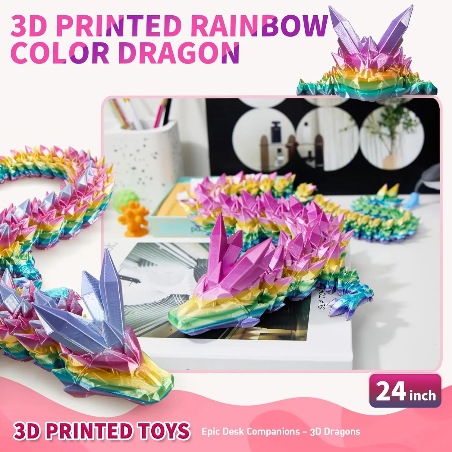3D Printed Dragon, 3D Dragon,24 Inch 3D Printed Fidget Dragon, Bigger Fidget Crystal Dragon Toys, 3D Printed Articulated Dragon for Home Office Car Desk Decor Toys (Rainbow, 24 in)