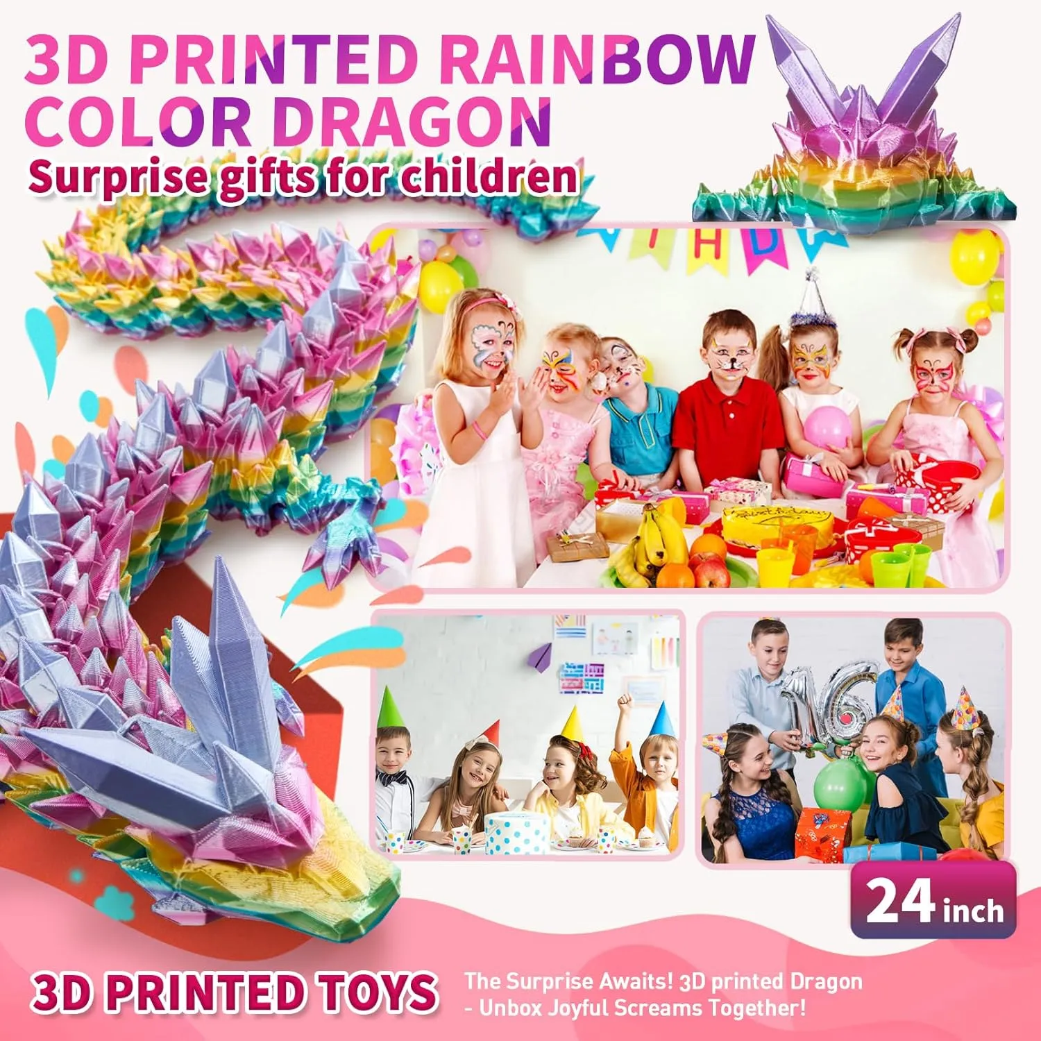 3D Printed Dragon, 3D Dragon,24 Inch 3D Printed Fidget Dragon, Bigger Fidget Crystal Dragon Toys, 3D Printed Articulated Dragon for Home Office Car Desk Decor Toys (Rainbow, 24 in)