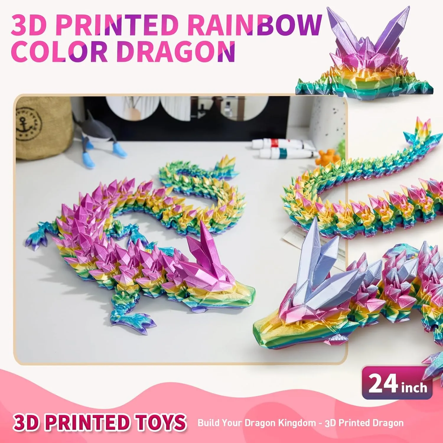 3D Printed Dragon, 3D Dragon,24 Inch 3D Printed Fidget Dragon, Bigger Fidget Crystal Dragon Toys, 3D Printed Articulated Dragon for Home Office Car Desk Decor Toys (Rainbow, 24 in)