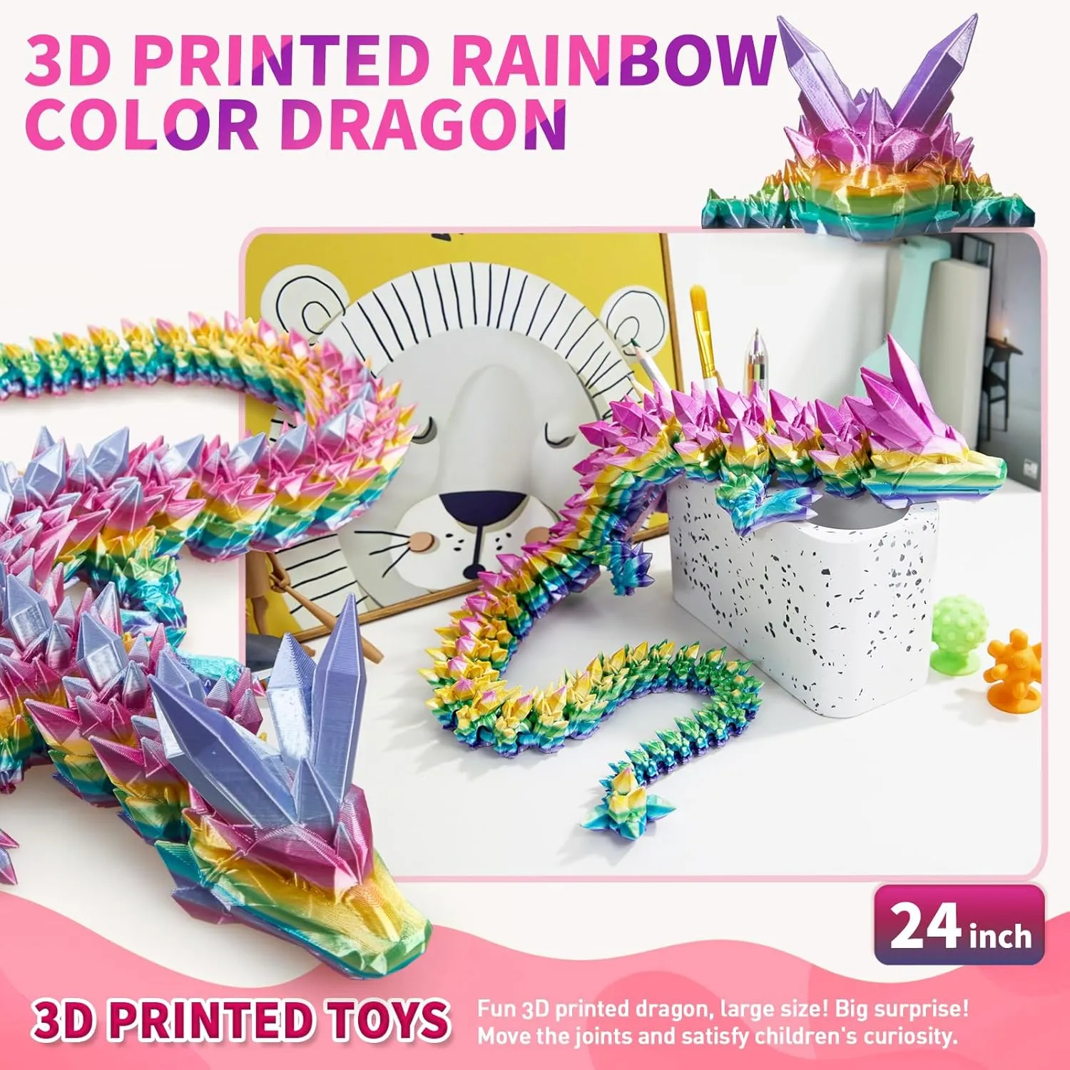 3D Printed Dragon, 3D Dragon,24 Inch 3D Printed Fidget Dragon, Bigger Fidget Crystal Dragon Toys, 3D Printed Articulated Dragon for Home Office Car Desk Decor Toys (Rainbow, 24 in)