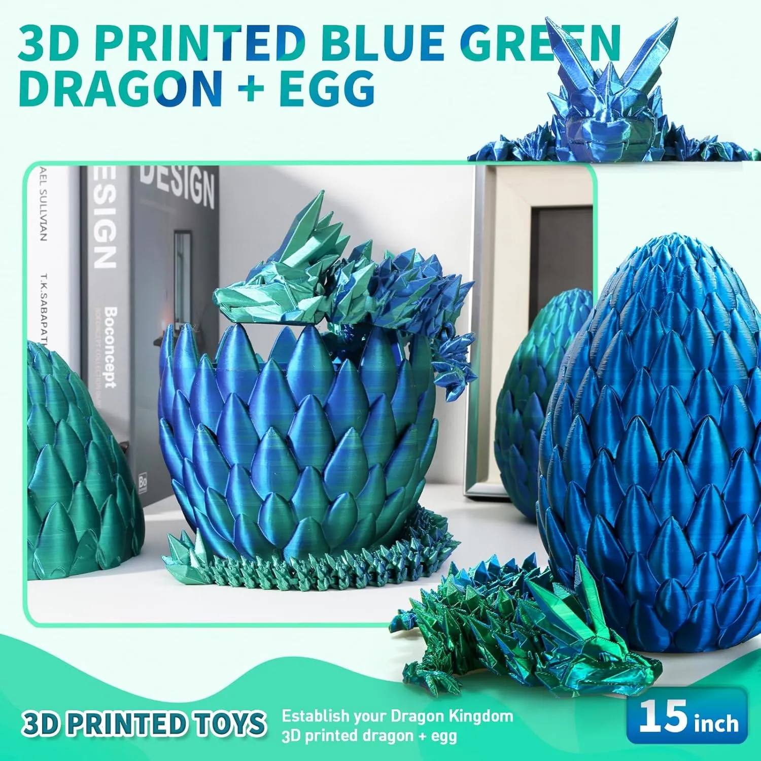 3D Printed Dragon, Crystal Dragon with a Dragon Egg, 15Inch Fidget Dragon Toy, Articulated Dragon Decor for Home Office Car Desk, Gifts for Kids, Classroom Rewards (Blue Green)