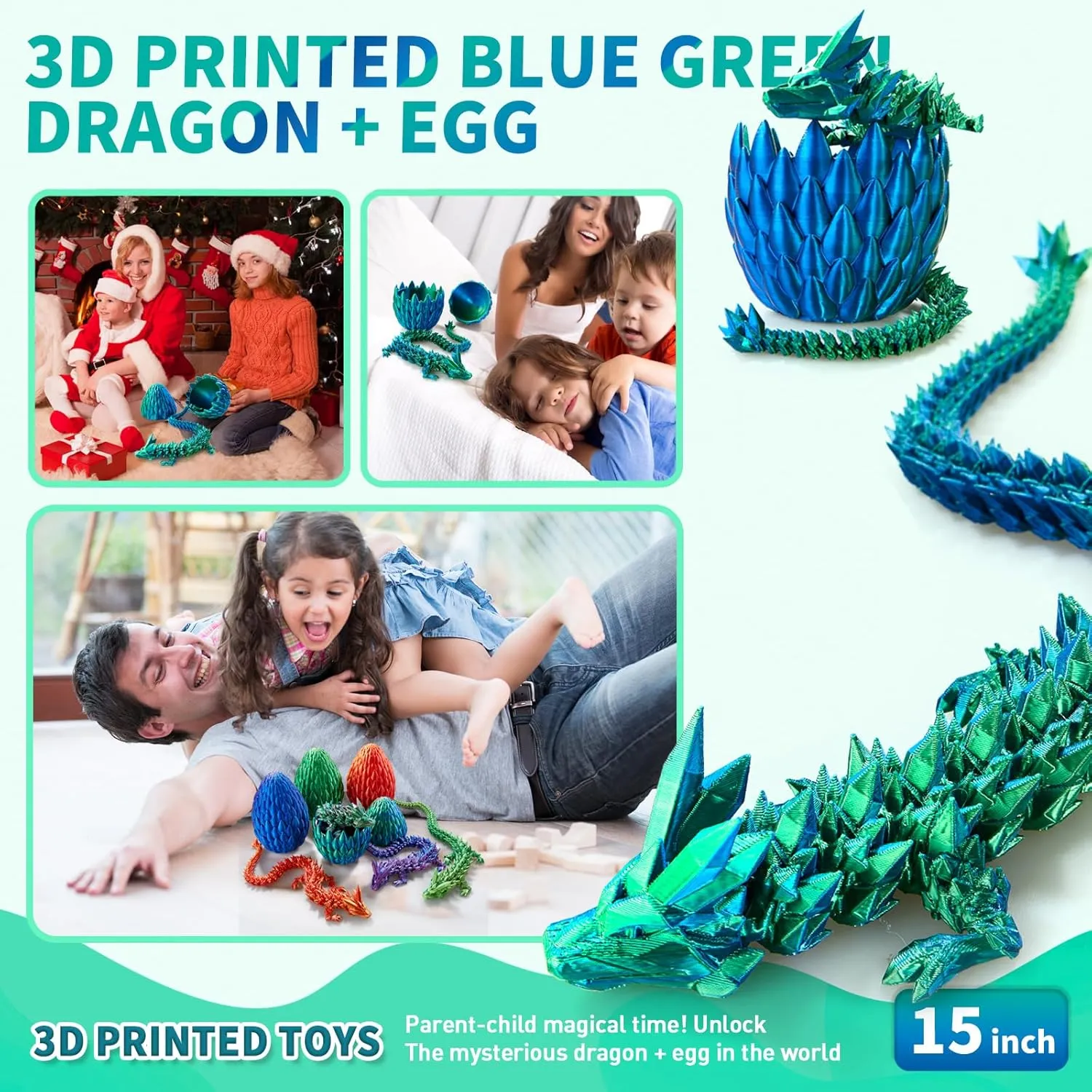 3D Printed Dragon, Crystal Dragon with a Dragon Egg, 15Inch Fidget Dragon Toy, Articulated Dragon Decor for Home Office Car Desk, Gifts for Kids, Classroom Rewards (Blue Green)