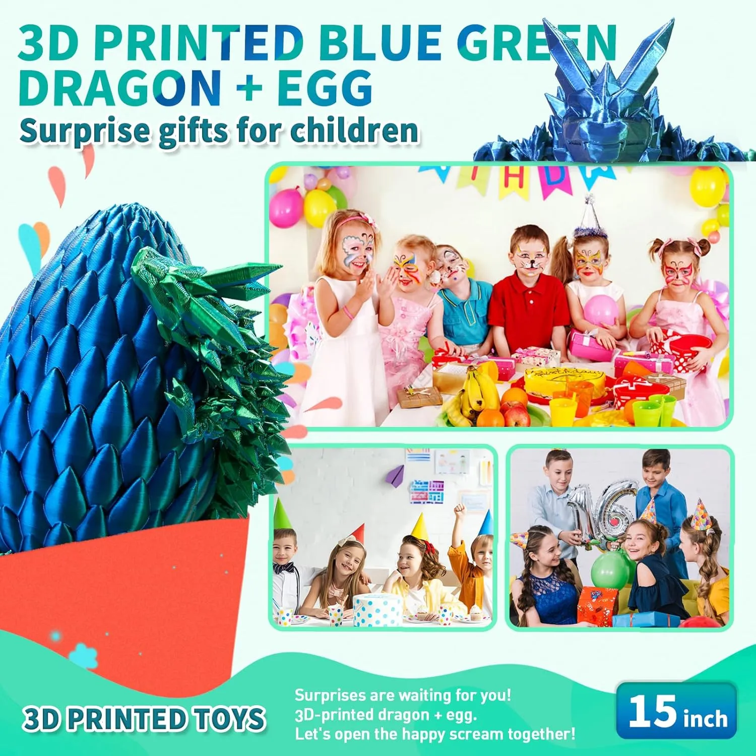 3D Printed Dragon, Crystal Dragon with a Dragon Egg, 15Inch Fidget Dragon Toy, Articulated Dragon Decor for Home Office Car Desk, Gifts for Kids, Classroom Rewards (Blue Green)