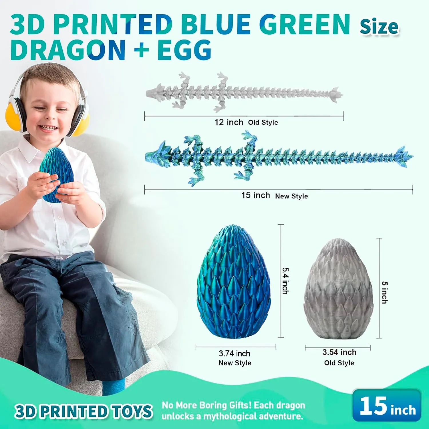 3D Printed Dragon, Crystal Dragon with a Dragon Egg, 15Inch Fidget Dragon Toy, Articulated Dragon Decor for Home Office Car Desk, Gifts for Kids, Classroom Rewards (Blue Green)