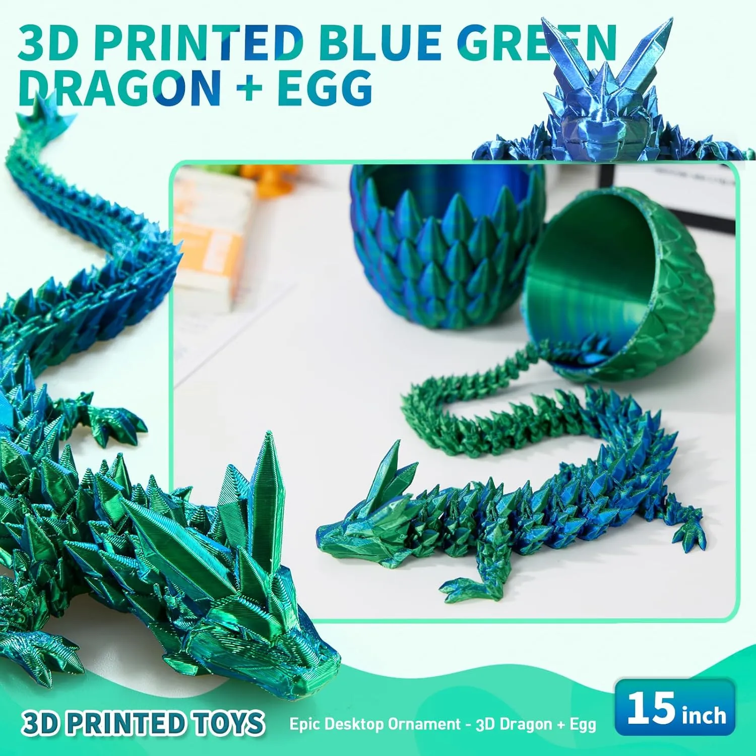 3D Printed Dragon, Crystal Dragon with a Dragon Egg, 15Inch Fidget Dragon Toy, Articulated Dragon Decor for Home Office Car Desk, Gifts for Kids, Classroom Rewards (Blue Green)