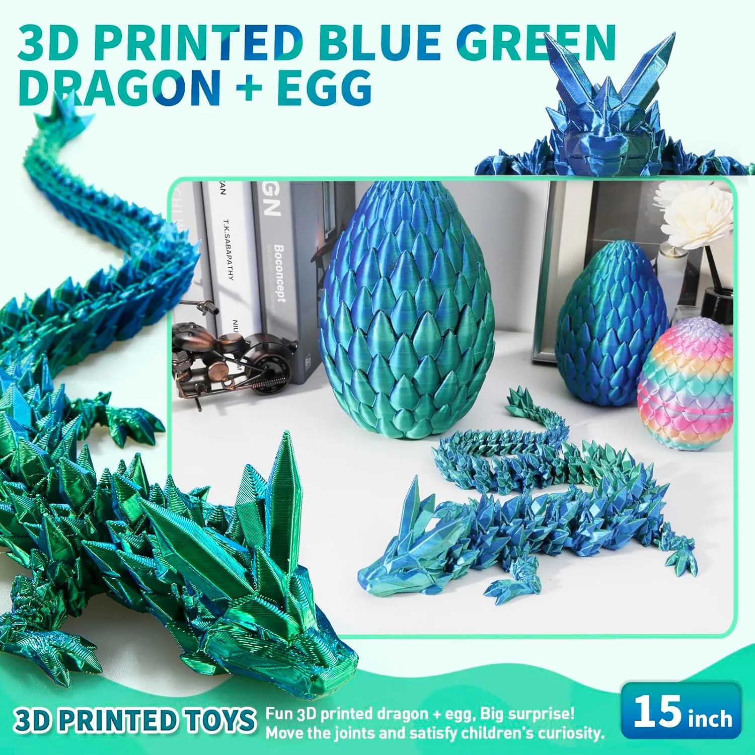 3D Printed Dragon, Crystal Dragon with a Dragon Egg, 15Inch Fidget Dragon Toy, Articulated Dragon Decor for Home Office Car Desk, Gifts for Kids, Classroom Rewards (Blue Green)