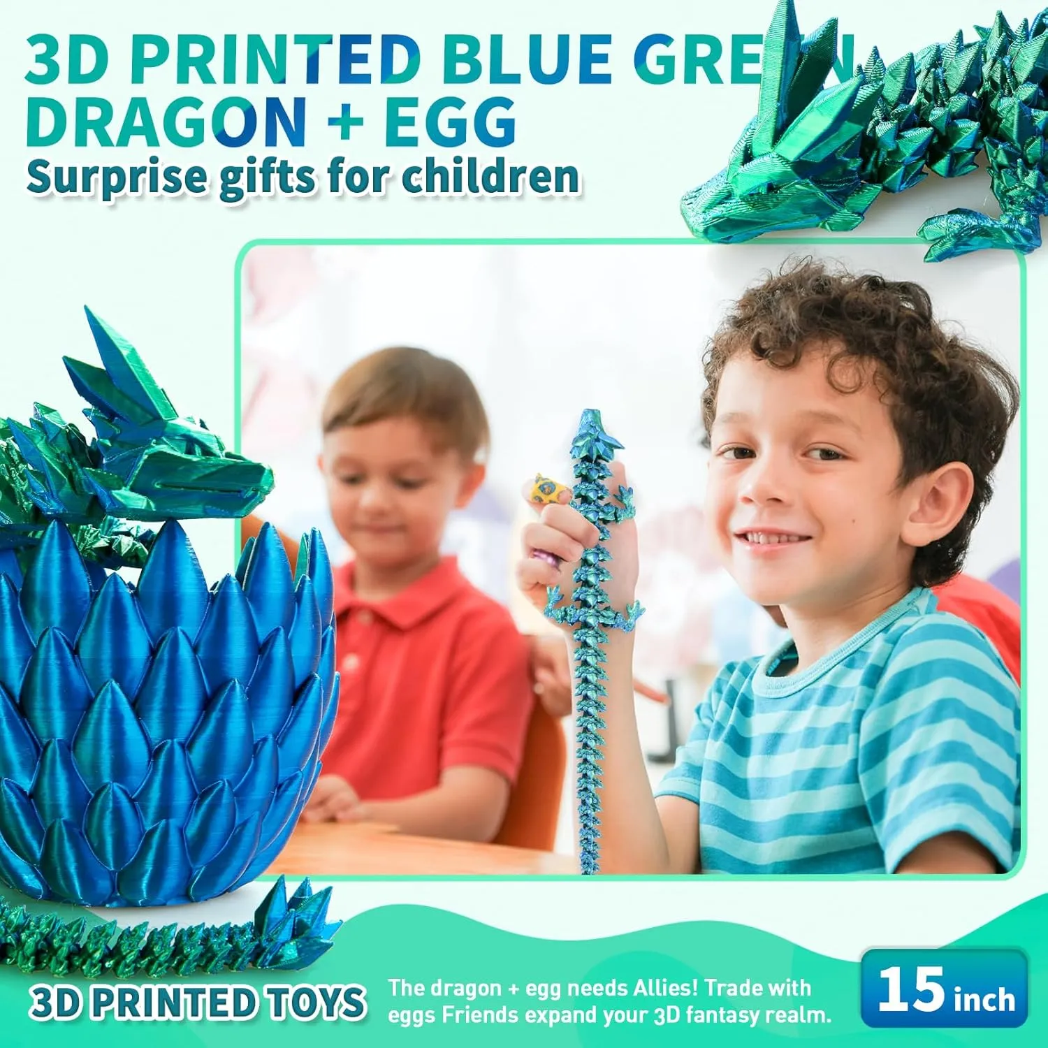 3D Printed Dragon, Crystal Dragon with a Dragon Egg, 15Inch Fidget Dragon Toy, Articulated Dragon Decor for Home Office Car Desk, Gifts for Kids, Classroom Rewards (Blue Green)