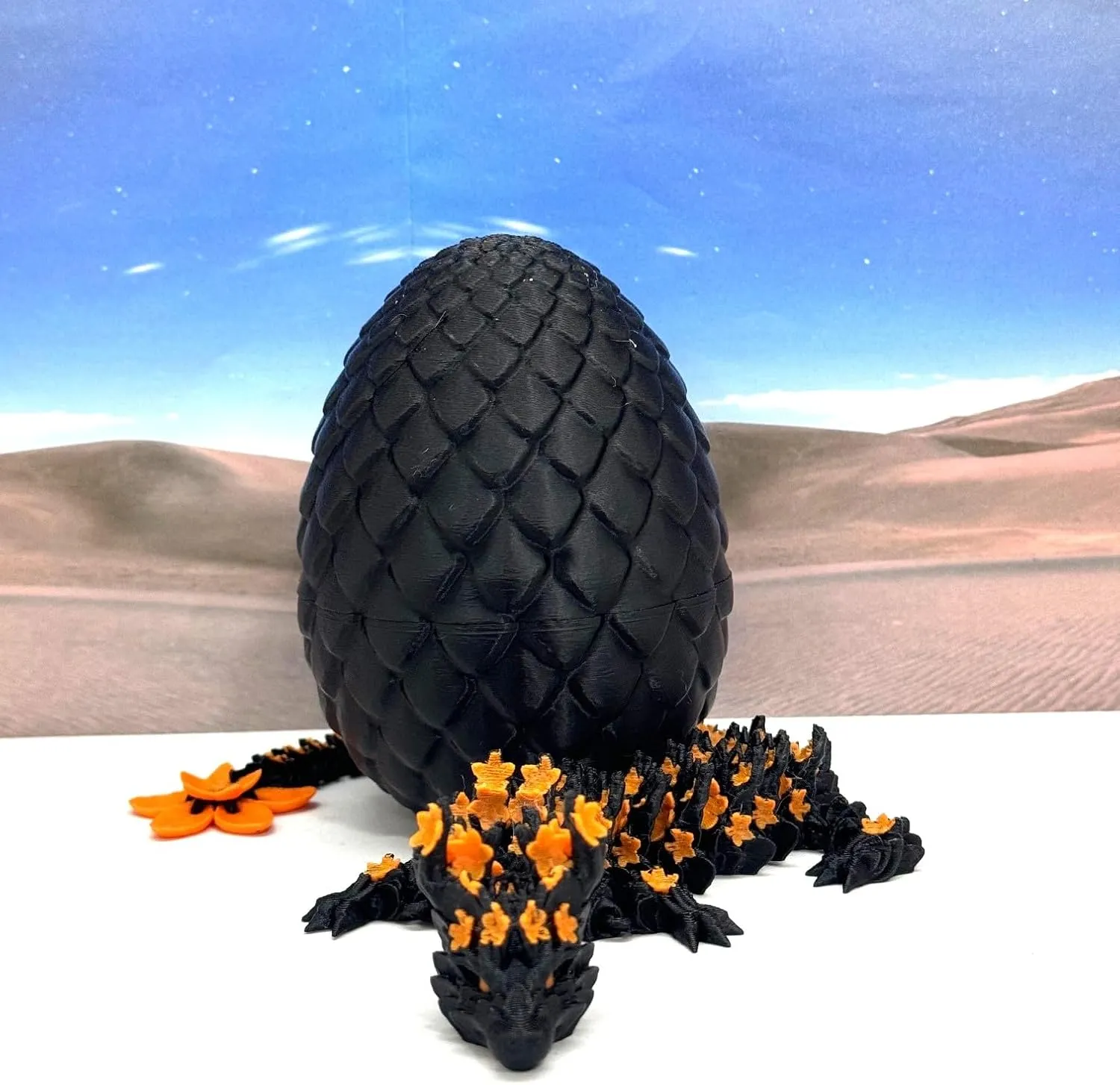 3D Printed Dragon Egg, 12 Inch Black & Orange Cherry Blossom Fidget ADHD Autism Sensory Toy D064-BE
