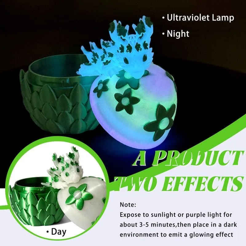 3D Printed Dragon Egg with Cherry Blossom Dragon Inside – 2.9-Inch Articulated Dragon Toy, 5.7-Inch Sakura Dragon Decor, Fantasy Gift for Kids & Collectors (Green (Glows in The Dark), 2.9 Inch)