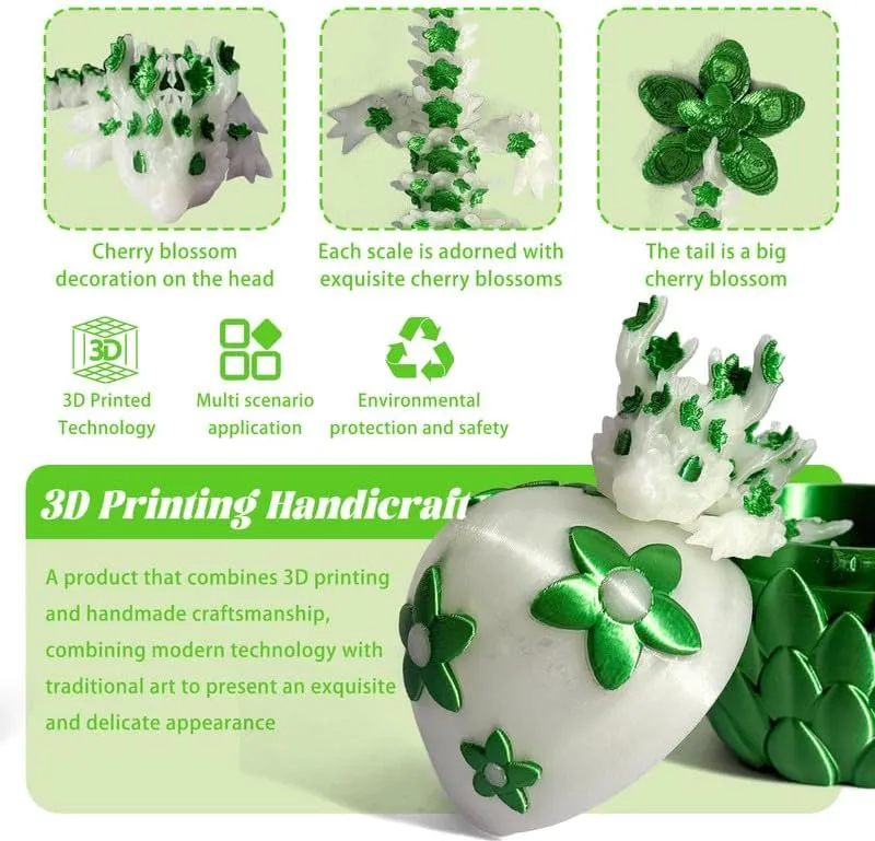 3D Printed Dragon Egg with Cherry Blossom Dragon Inside – 2.9-Inch Articulated Dragon Toy, 5.7-Inch Sakura Dragon Decor, Fantasy Gift for Kids & Collectors (Green (Glows in The Dark), 2.9 Inch)