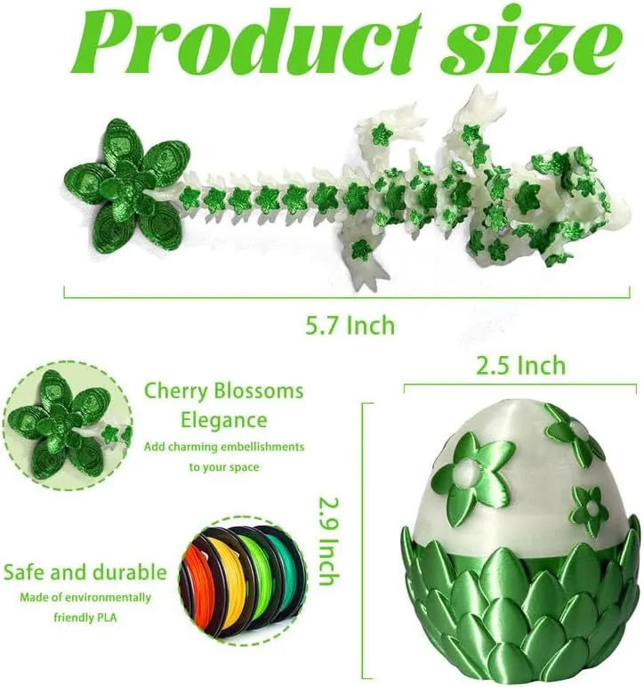 3D Printed Dragon Egg with Cherry Blossom Dragon Inside – 2.9-Inch Articulated Dragon Toy, 5.7-Inch Sakura Dragon Decor, Fantasy Gift for Kids & Collectors (Green (Glows in The Dark), 2.9 Inch)