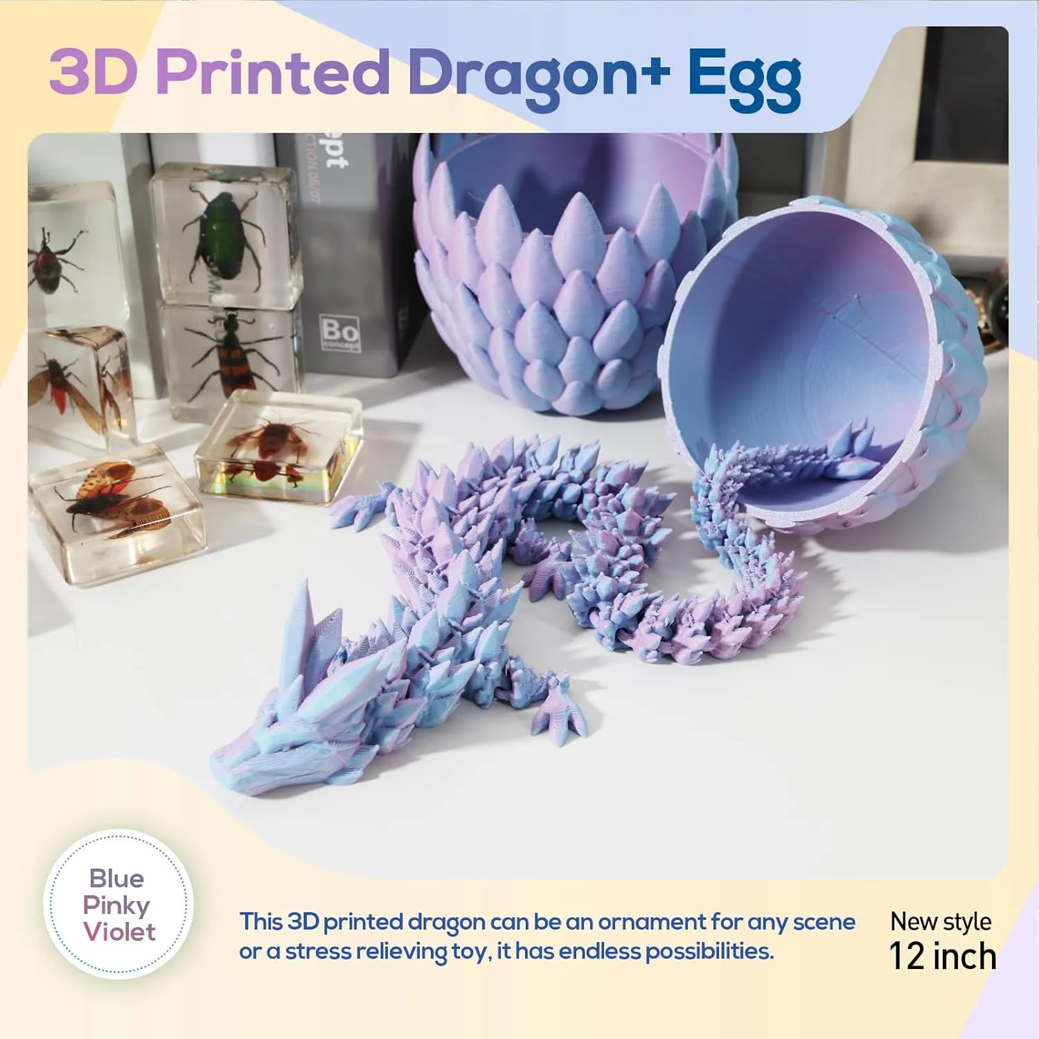 3D Printed Dragon,Dragon Eggs with Dragon Inside,Surprise Dragon Egg Toy,12'' Full Articulated Crystal 3D Dragon