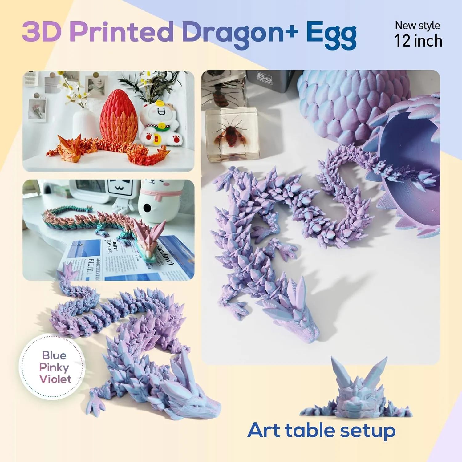 3D Printed Dragon,Dragon Eggs with Dragon Inside,Surprise Dragon Egg Toy,12'' Full Articulated Crystal 3D Dragon