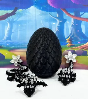 3D Printed Dragons with Dragon Egg, Articulated Mother and Child Dragons, Black and White Cherry Blossom Baby Dragon, Fidget ADHD Autism Toy MCD-019-004-BLK-BE