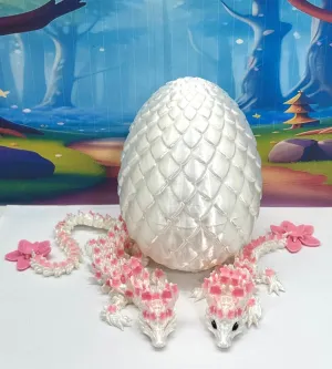 3D Printed Dragons with Dragon Egg, Articulated Mother and Child Dragons, White and Pink Cherry Blossom Baby Dragon, Fidget ADHD Autism Toy MCD-016-004-PNK-WE