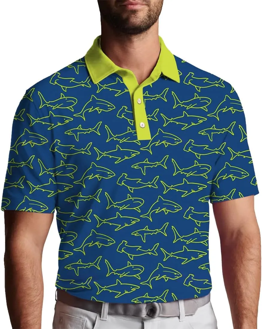 3D Printed Mens Golf Shirt Moisture Wicking Quick-Dry Performance Polo Shirts for Men