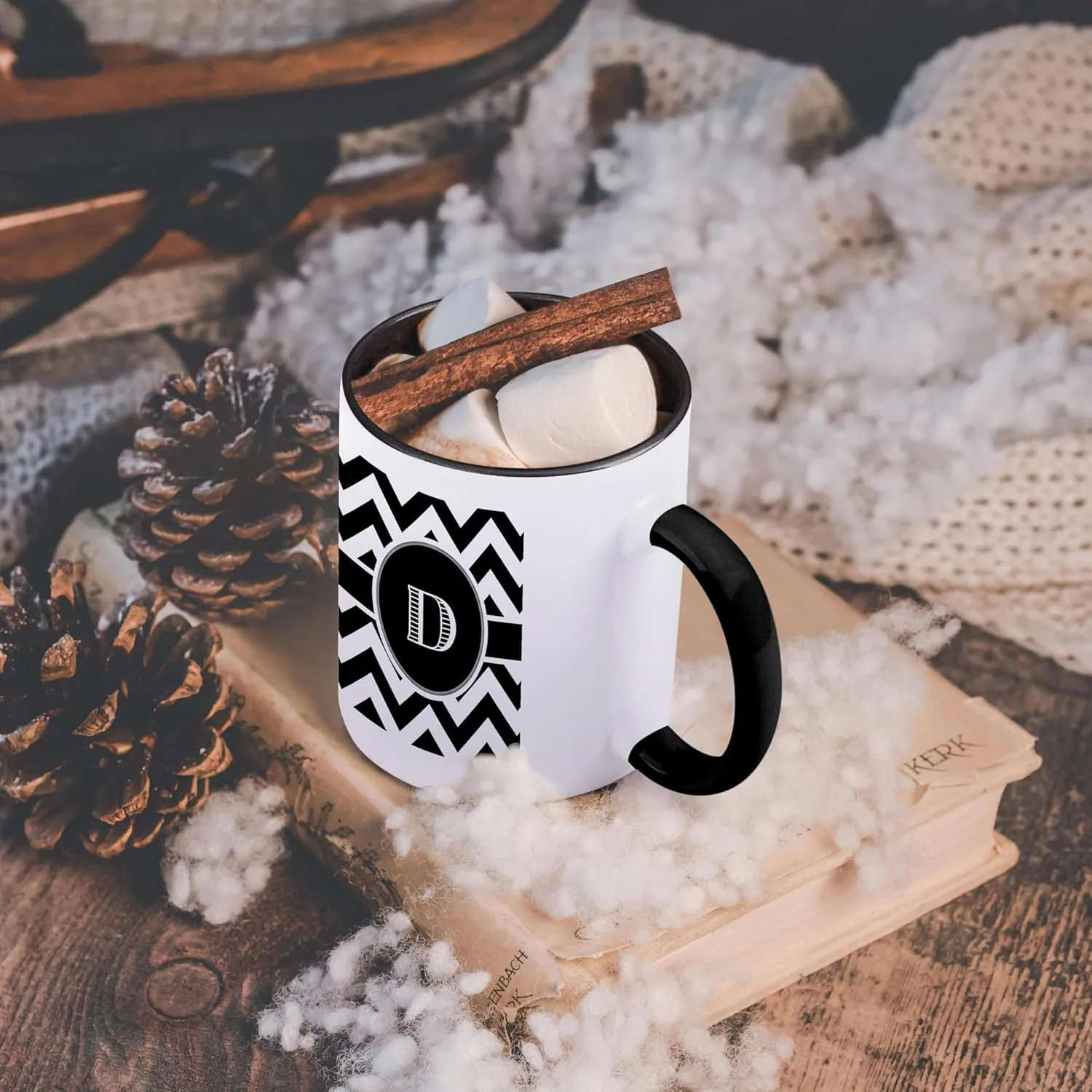 3dRose mug_222066_4 "Black And White Chevron Monogram Initial D" Ceramic Mug, Black/White, 11 oz