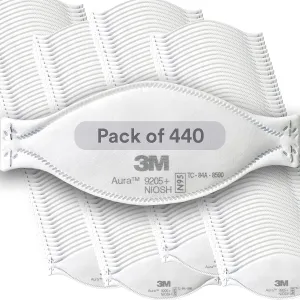 3M Aura Particulate Respirator 9205 , N95, Pack of 440 Disposable Respirators, Individually Wrapped, 3 Panel Flat Fold Design Allows for Facial Movements, Comfortable, NIOSH Approved