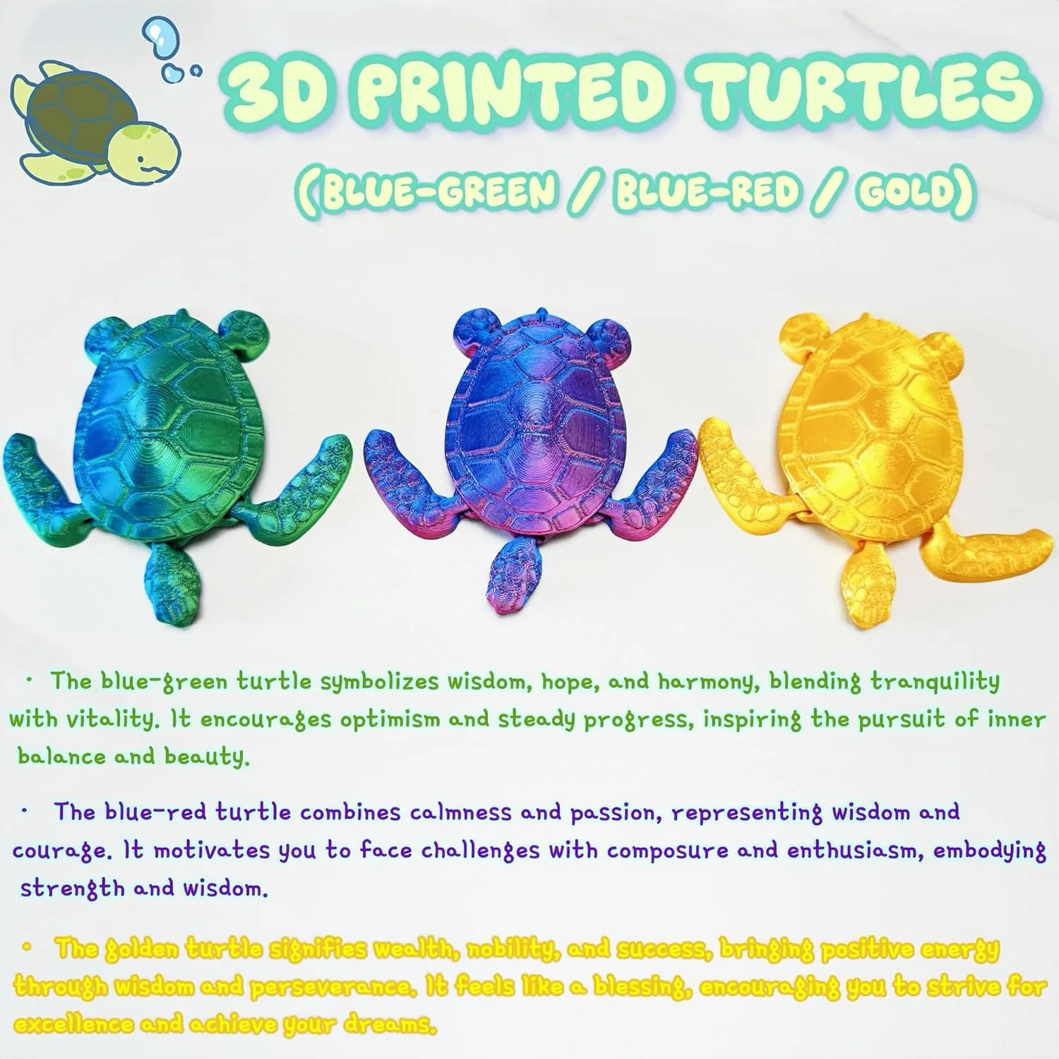 3PCS 3D Printed Turtle - 3D Printed Animals with Mini Lucky Turtles, Positive Emotional Motivational Gifts, Interesting Toys for Autism/ADHD Children's Day Gifts, Executive Desk Fidget Turtle Toys