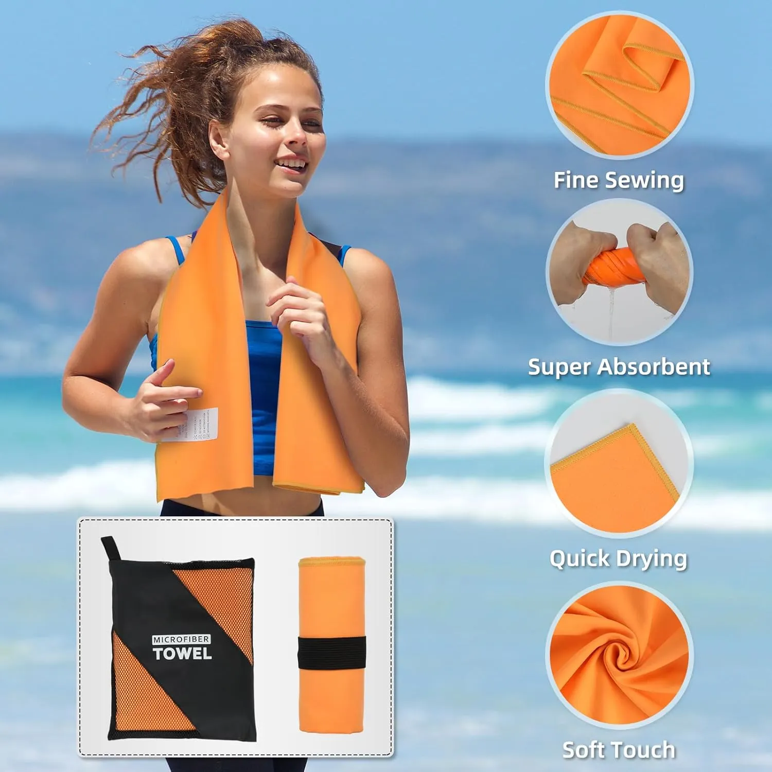 4 Pack Camping Towel Set Microfiber Lightweight Travel Body Towels Men Women Quick Dry S L XL Compact Absorbent Towel for Beach Yoga Swimming Pool Hiking Fishing Picnic Gym Sports(Orange)
