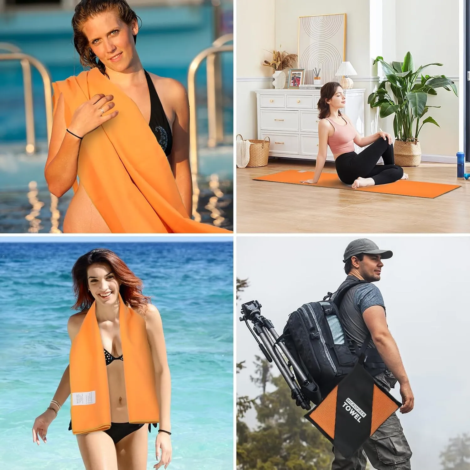 4 Pack Camping Towel Set Microfiber Lightweight Travel Body Towels Men Women Quick Dry S L XL Compact Absorbent Towel for Beach Yoga Swimming Pool Hiking Fishing Picnic Gym Sports(Orange)