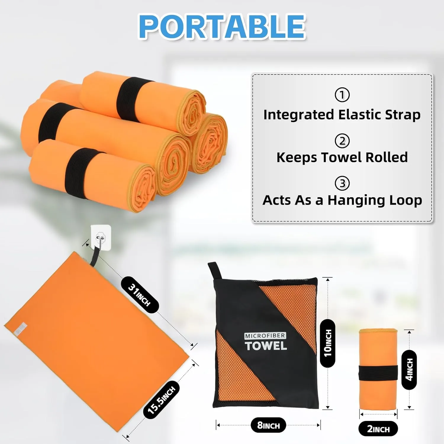4 Pack Camping Towel Set Microfiber Lightweight Travel Body Towels Men Women Quick Dry S L XL Compact Absorbent Towel for Beach Yoga Swimming Pool Hiking Fishing Picnic Gym Sports(Orange)