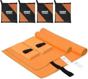 4 Pack Camping Towel Set Microfiber Lightweight Travel Body Towels Men Women Quick Dry S L XL Compact Absorbent Towel for Beach Yoga Swimming Pool Hiking Fishing Picnic Gym Sports(Orange)