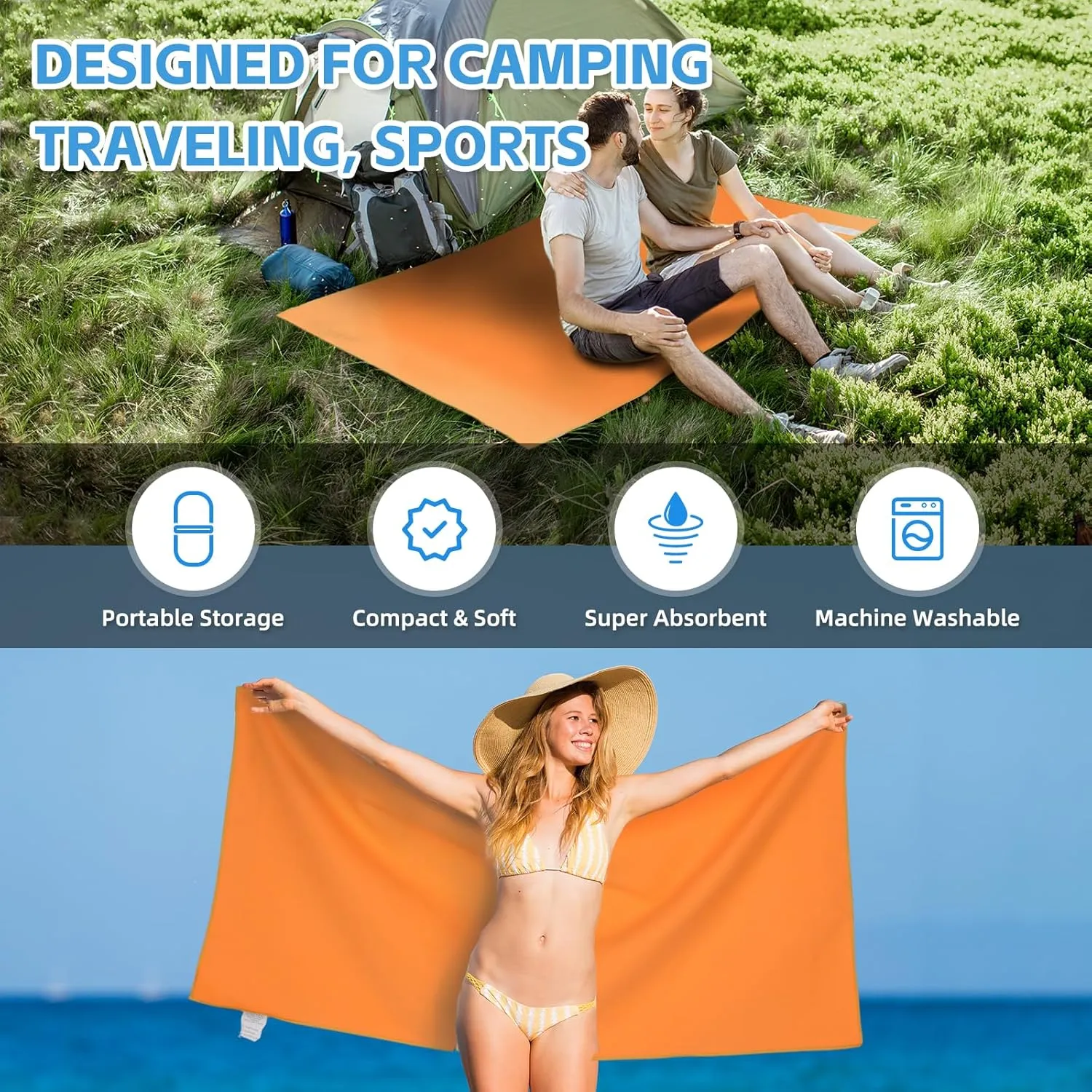 4 Pack Camping Towel Set Microfiber Lightweight Travel Body Towels Men Women Quick Dry S L XL Compact Absorbent Towel for Beach Yoga Swimming Pool Hiking Fishing Picnic Gym Sports(Orange)