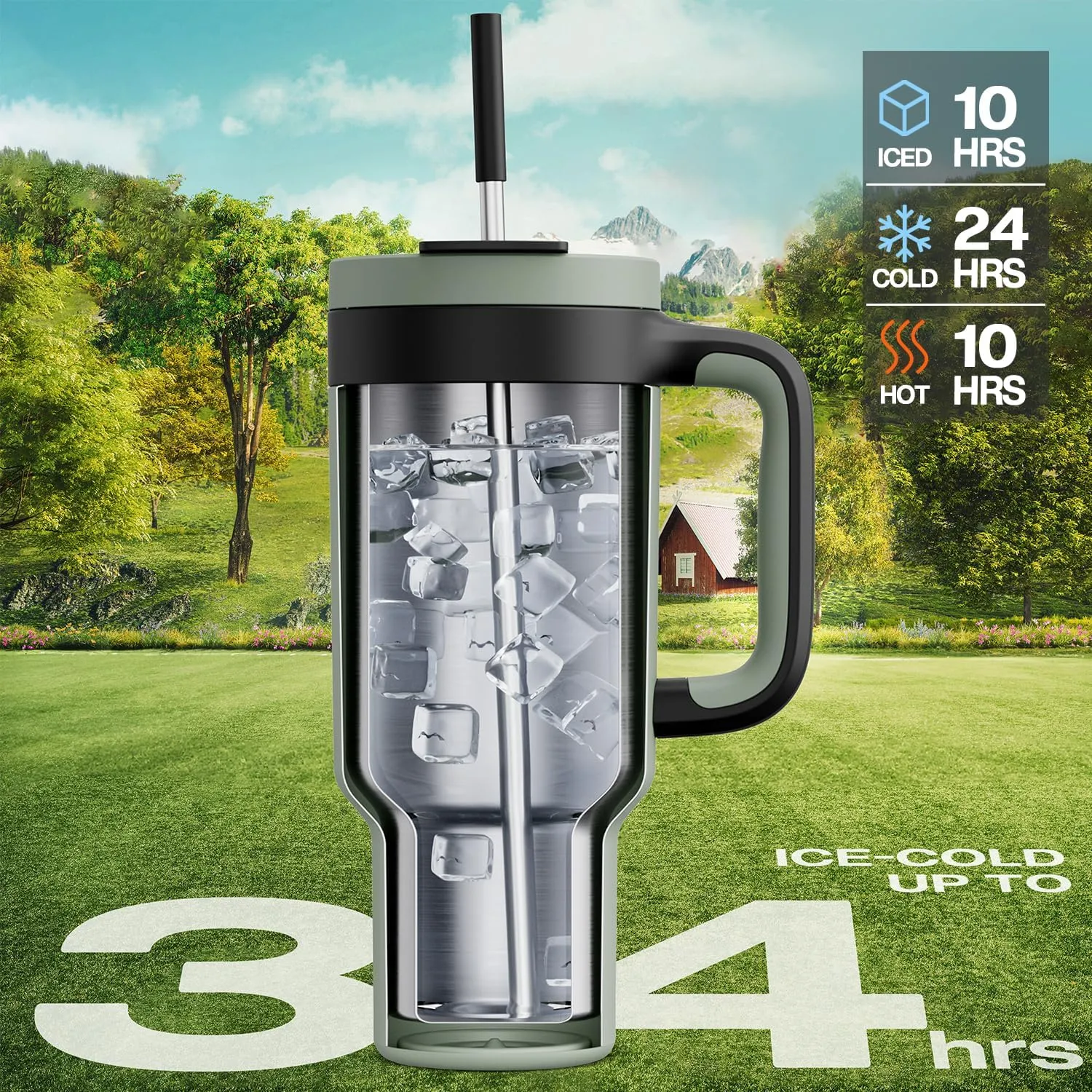 40 oz Tumbler with Handle, 2-in-1 Straw and Sip Lid, Leakproof, Dishwasher Safe, Insulated Stainless Steel Travel Coffee Mug, Keeps Cold for 34 Hours, Fits in Car Cup Holder (Agave)