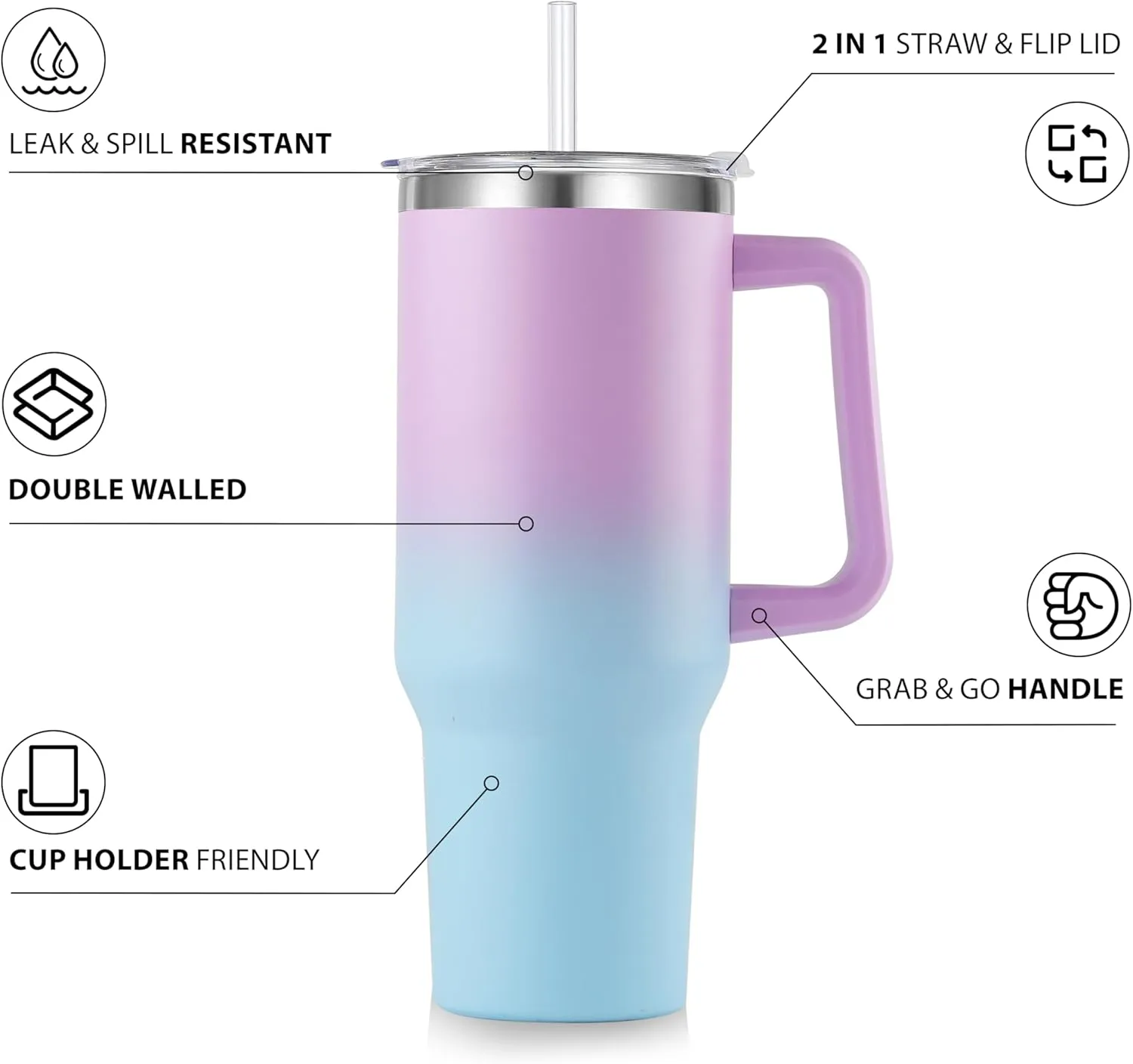 40 oz Tumbler with Handle and Straw, Insulated Stainless Steel Tumbler with 2 In 1 Lid, Double Vacuum Travel Mug Coffee Cup, Bubble Pack 1