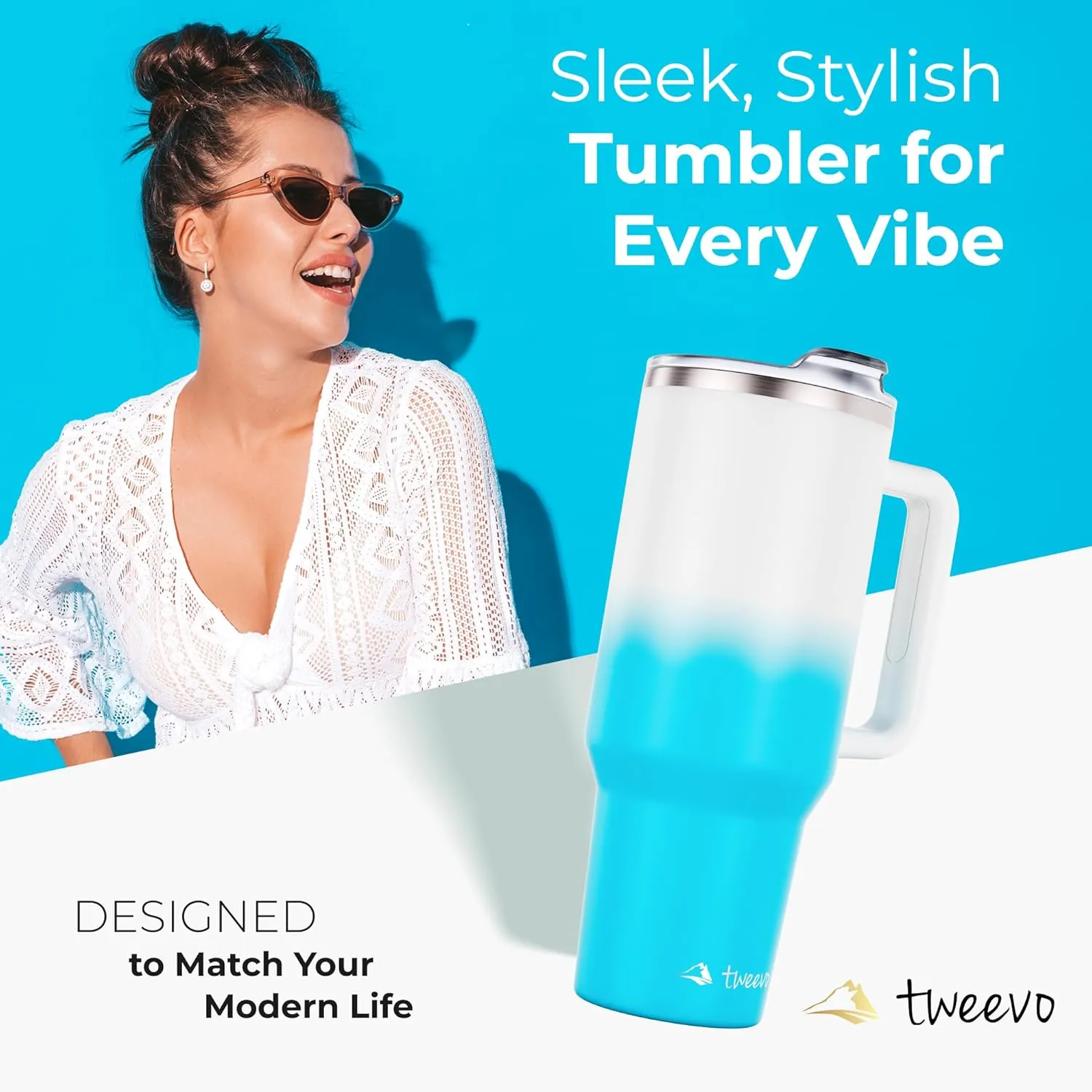 40 oz Tumbler With Handle and Straw Made of Stainless Steel - Double Wall Vacuum Insulated Tumbler With Lid - Sweat Proof Easy Grip, BPA-Free, Dishwasher Safe Tumbler (Blue & White)
