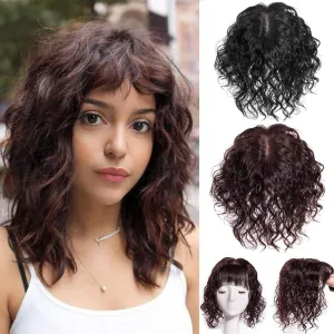 4.8"x5.5" T Shaped Silktop Short Curly Human Hair Topper with Bangs for Women,Silk Base Closure Top Hairpiece Clip in Topper Wiglet Hairpiece for Thinning Hair 14" Medium Brown