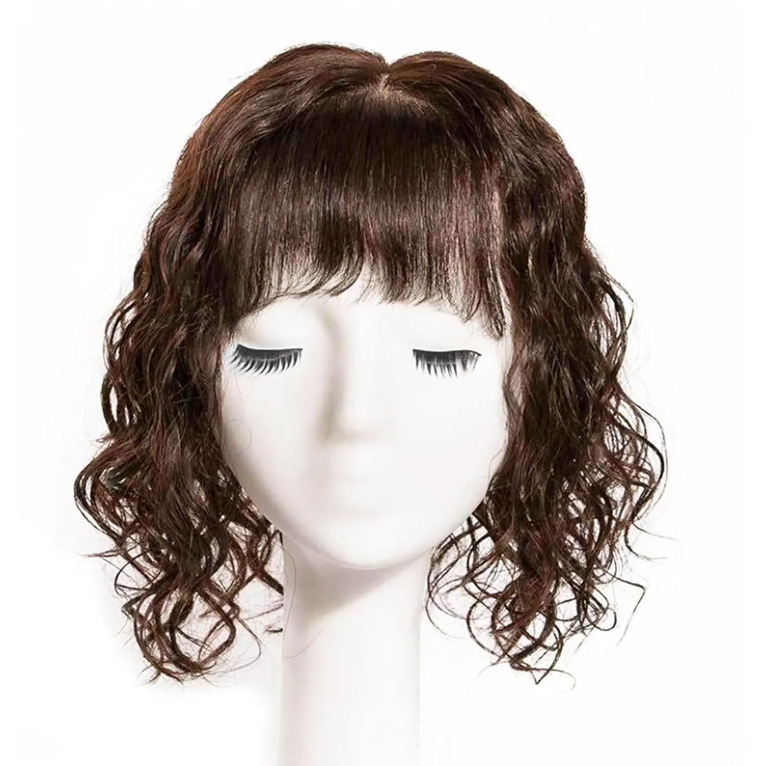 4.8"x5.5" T Shaped Silktop Short Curly Human Hair Topper with Bangs for Women,Silk Base Closure Top Hairpiece Clip in Topper Wiglet Hairpiece for Thinning Hair 14" Medium Brown
