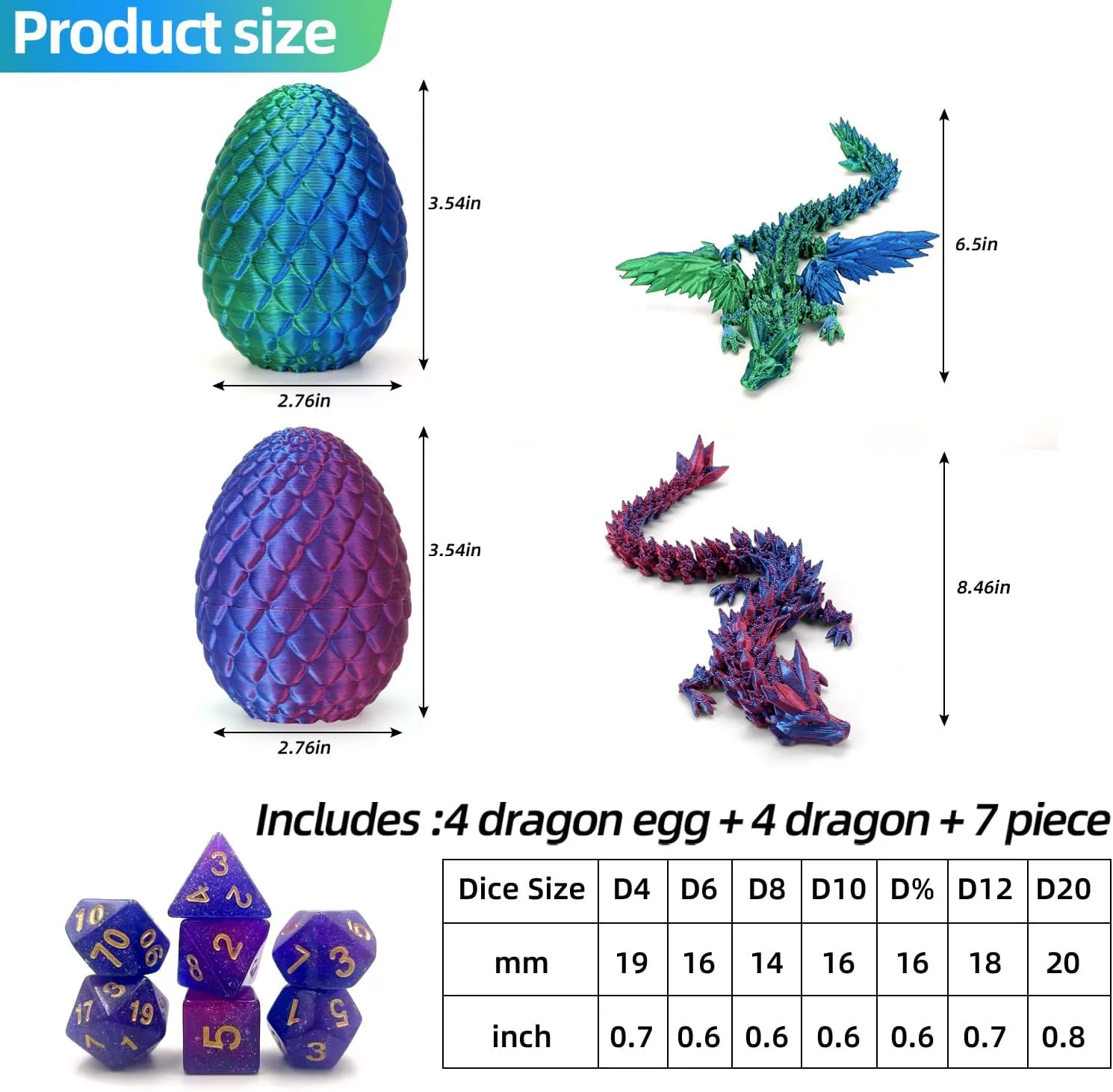 4PCS 3D Printed Dragon Eggs with Dragons Inside and DND Dice Sets Easter Eggs Articulated Dragon,Mystery Crystal Dragon Fidget Toy,Glow in The Dark Color 3D Printed Animals Toy Set