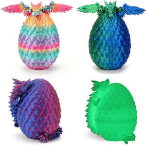 4PCS 3D Printed Dragon Eggs with Dragons Inside and DND Dice Sets Easter Eggs Articulated Dragon,Mystery Crystal Dragon Fidget Toy,Glow in The Dark Color 3D Printed Animals Toy Set