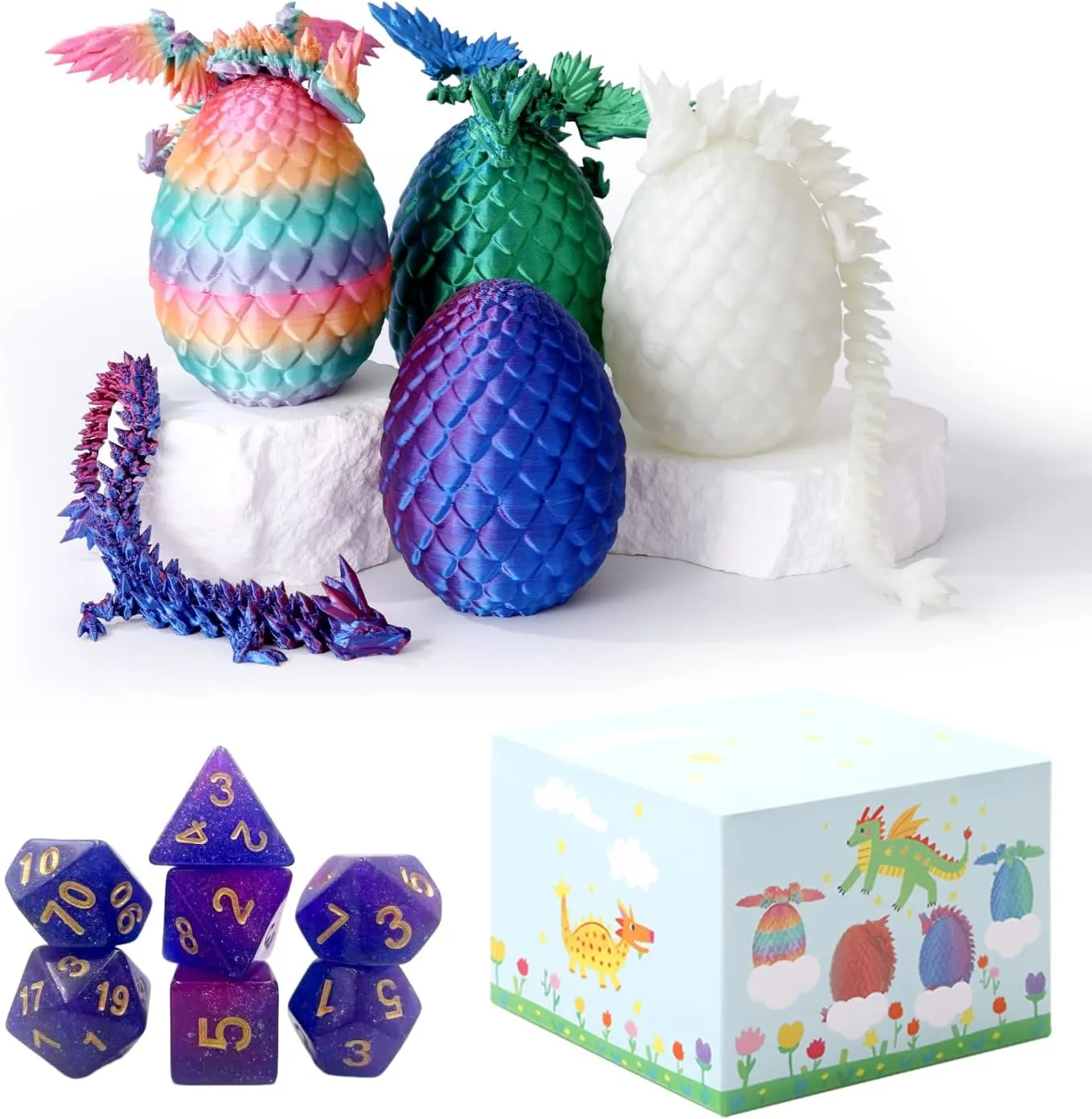 4PCS 3D Printed Dragon Eggs with Dragons Inside and DND Dice Sets Easter Eggs Articulated Dragon,Mystery Crystal Dragon Fidget Toy,Glow in The Dark Color 3D Printed Animals Toy Set