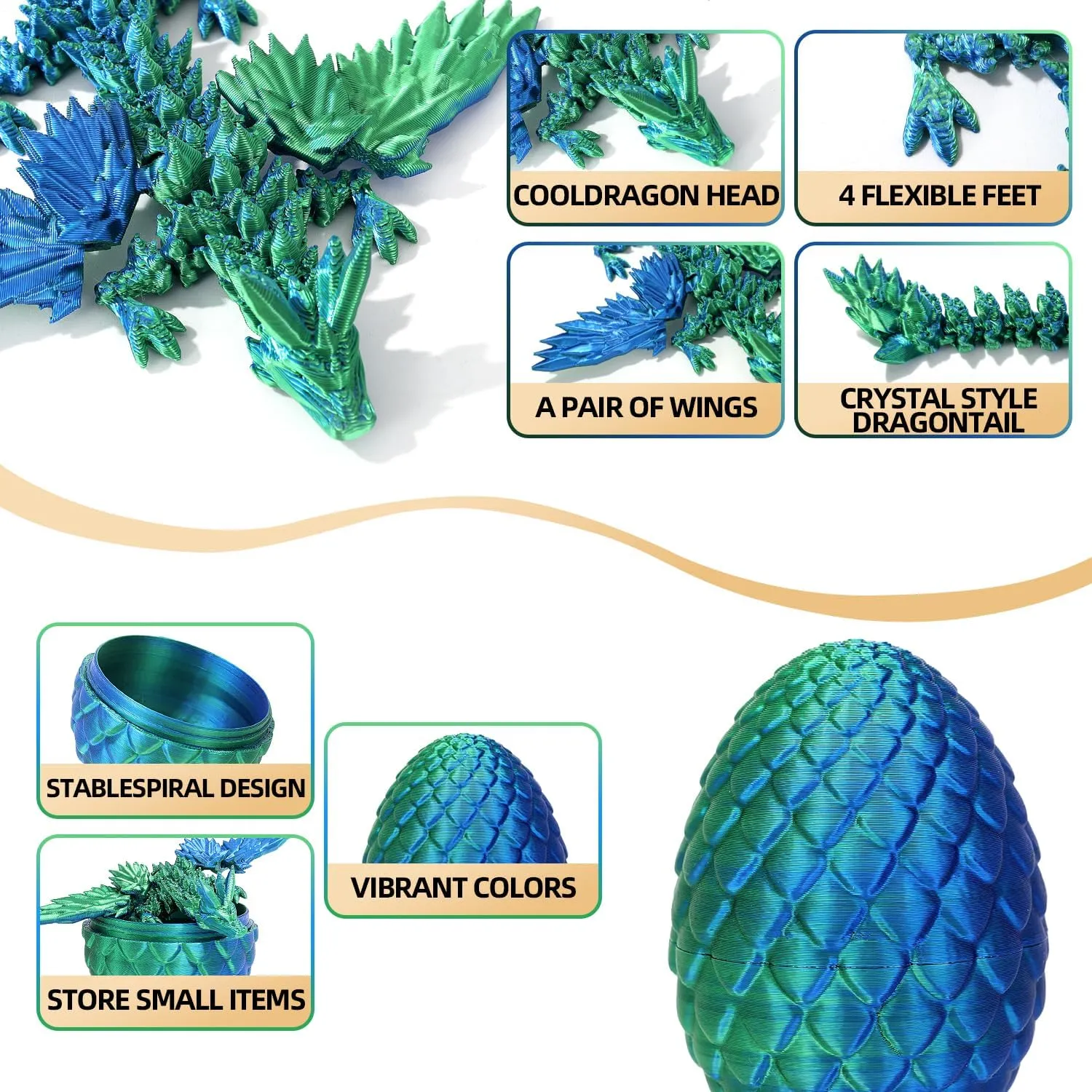 4PCS 3D Printed Dragon Eggs with Dragons Inside and DND Dice Sets Easter Eggs Articulated Dragon,Mystery Crystal Dragon Fidget Toy,Glow in The Dark Color 3D Printed Animals Toy Set