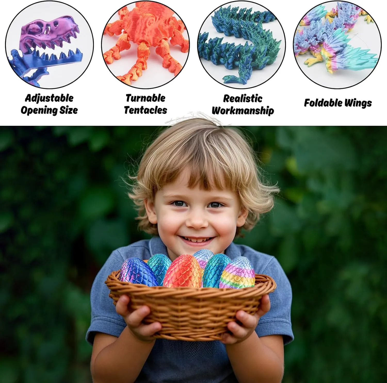4PCS 3D Printed Dragon Octopuses with Egg Easter Basket Stuffers Easter Egg 3D Printed Animals Toy Set
